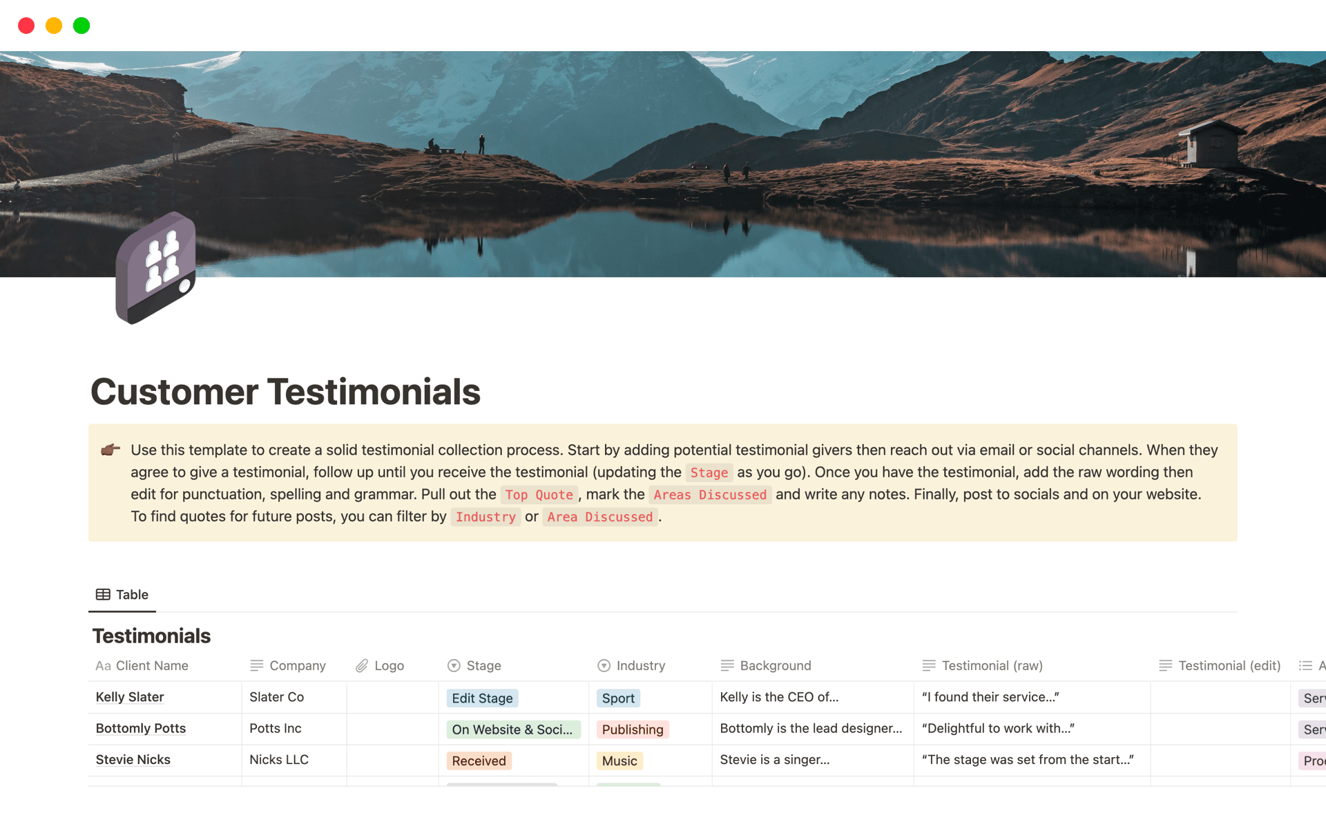 Streamline your testimonial collection process with this comprehensive template. Organize contacts, track stages, and refine testimonials for use on social media or your website. Perfect for managing and leveraging client quotes to enhance your brand’s credibility.