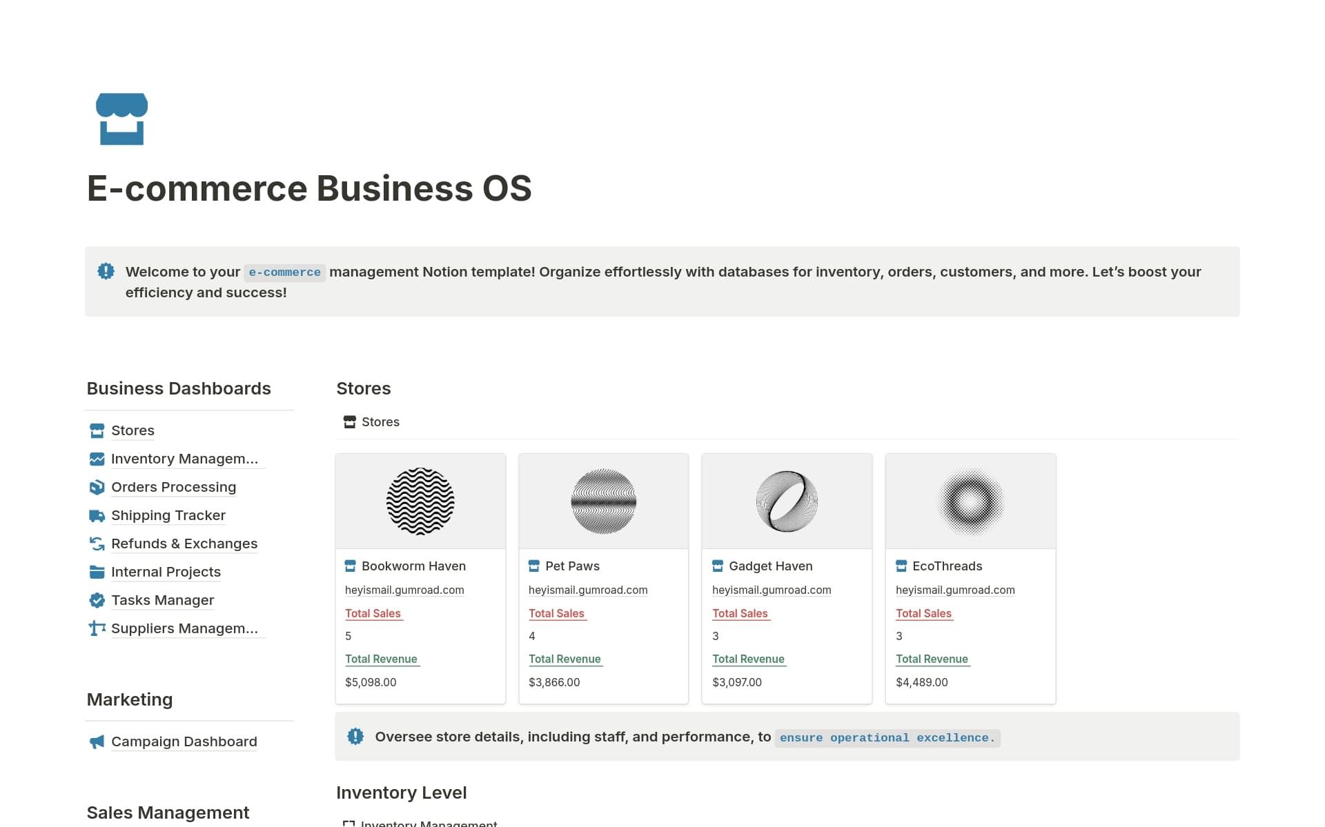 A template preview for E-commerce Business OS