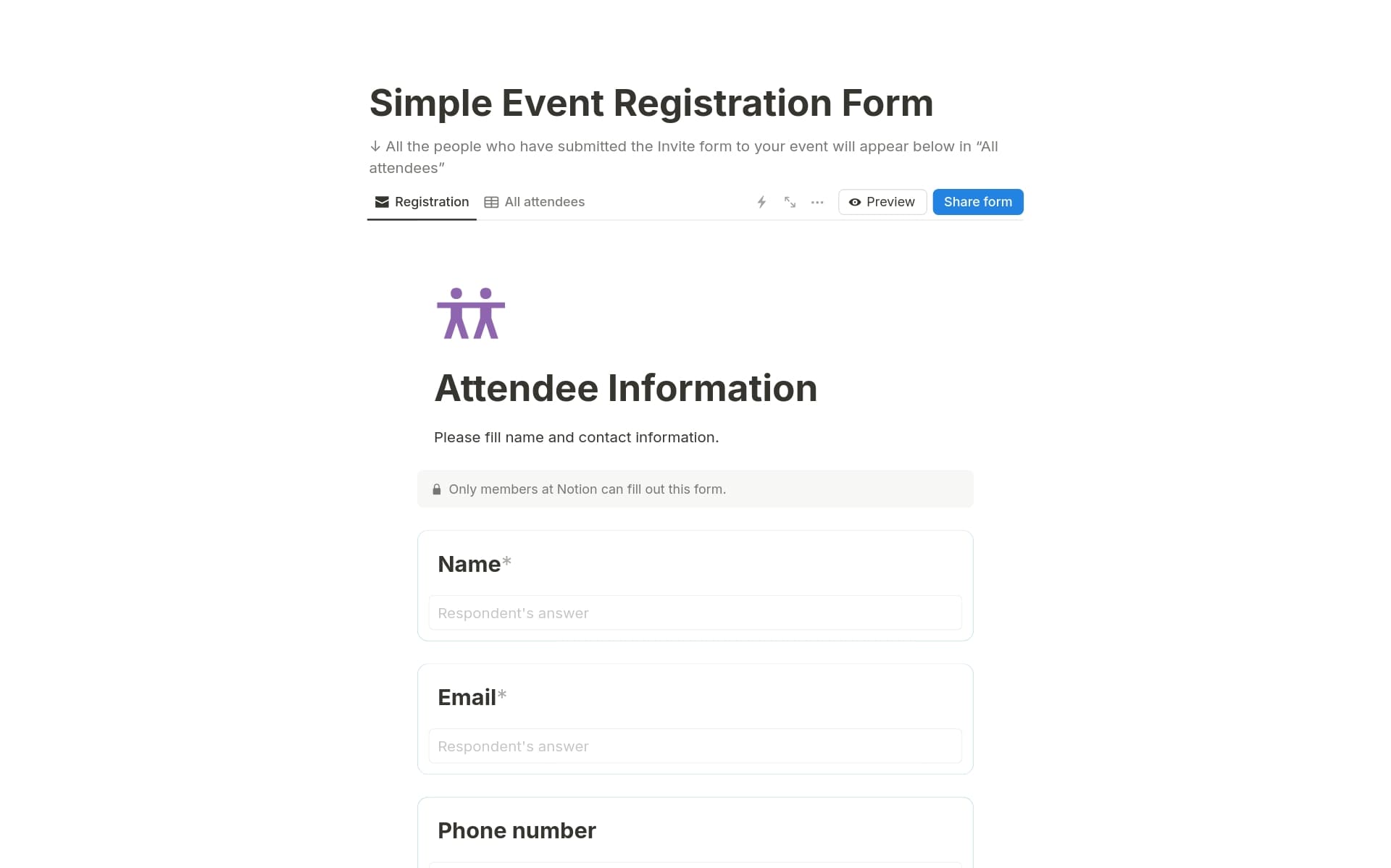 A template preview for Simple event registration form