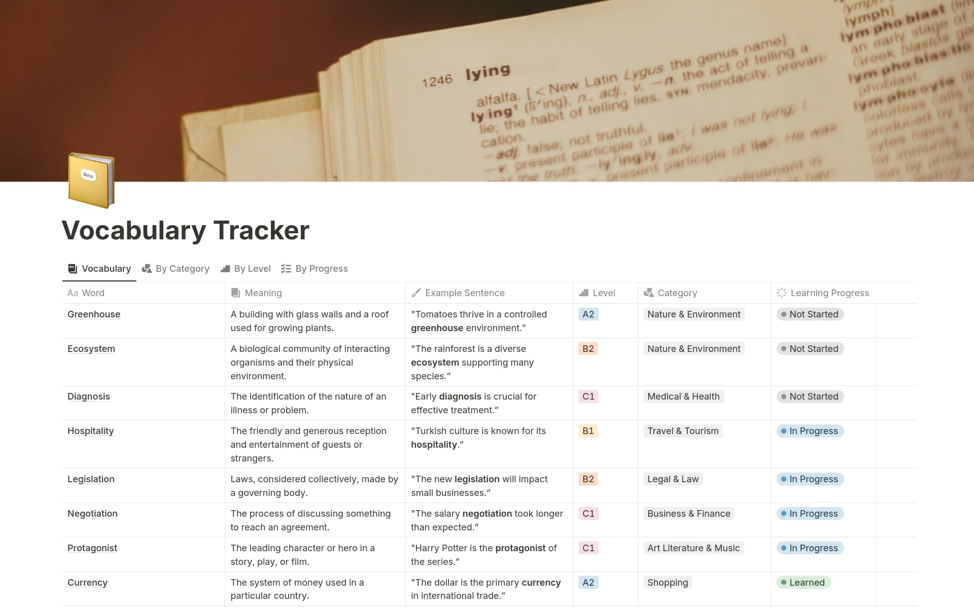 A template preview for Vocabulary Tracker