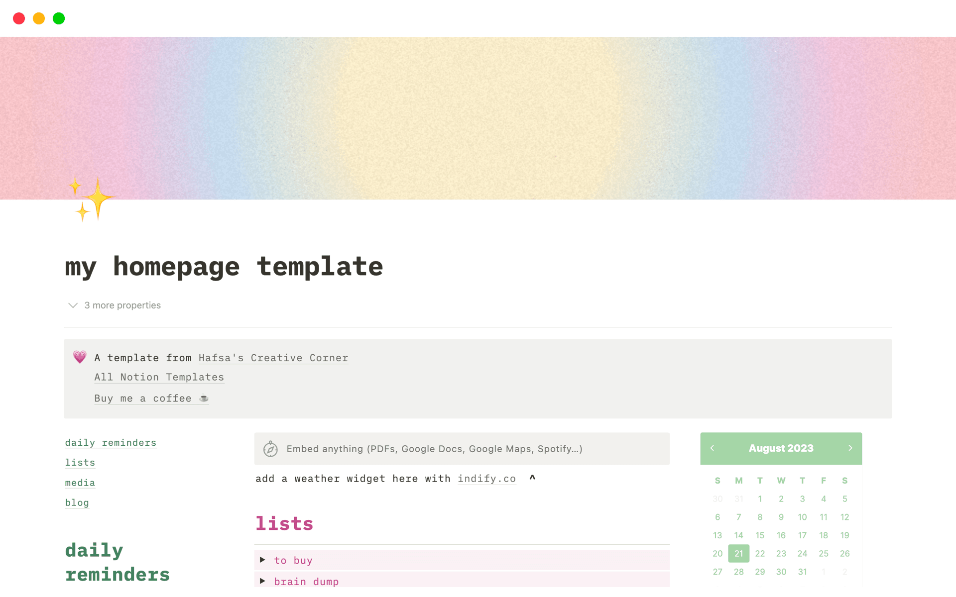 This free template is perfect if you're looking for a simple way to organise your life on Notion. You can link your existing pages so you can access everything from one place!