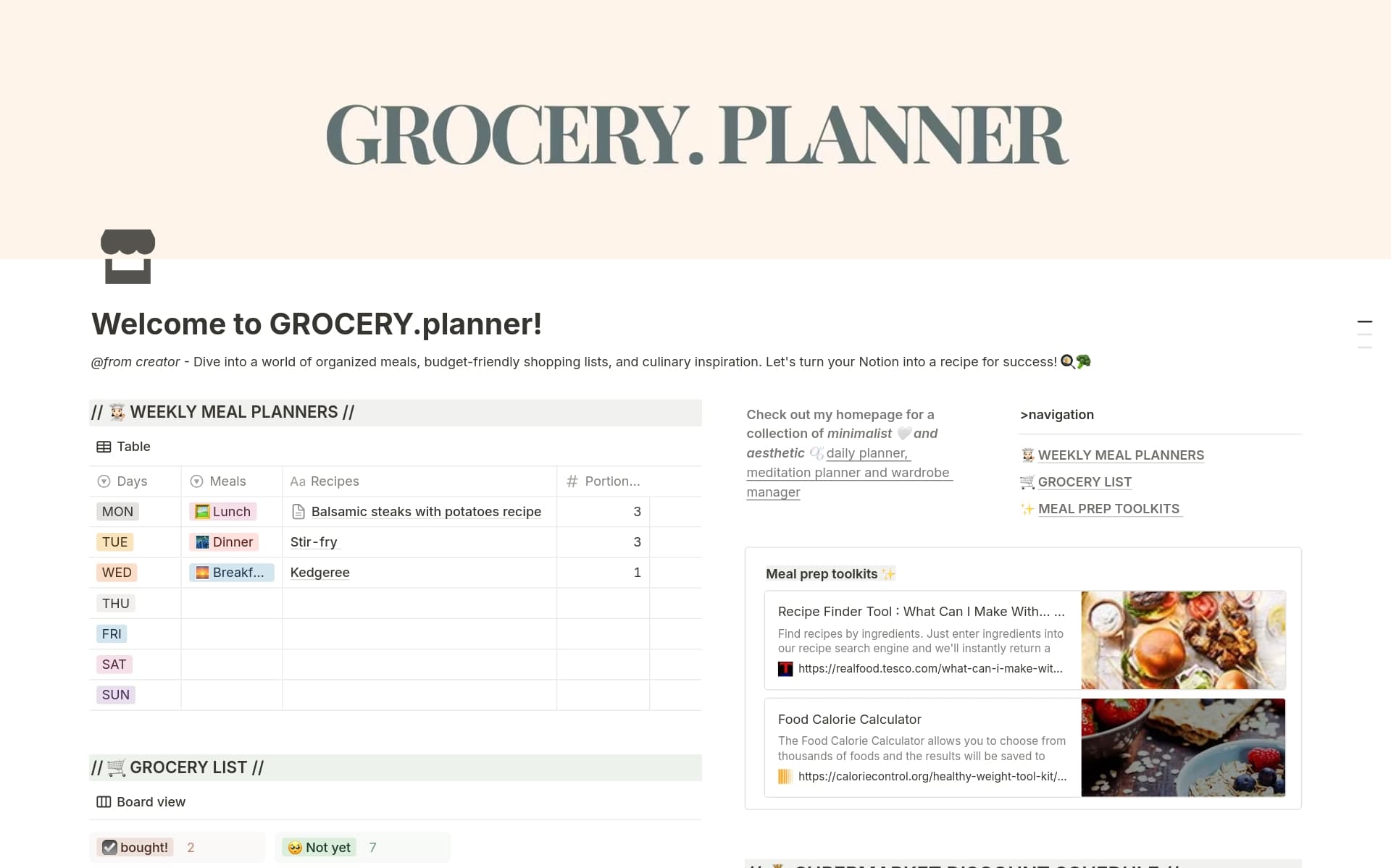 A template preview for Welcome to GROCERY.planner!
