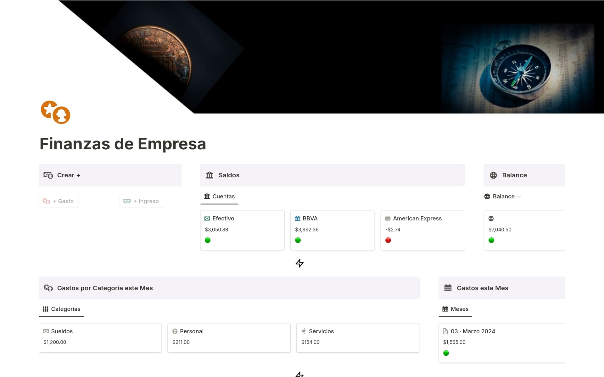 Gestionar y llevar un control completo de finanzas para Empresas de manera sencilla es posible. Todo automatizado con cálculos necesarios para la contabilidad en tiempo real utilizando la plantilla para finanzas de empresa en Notion.
