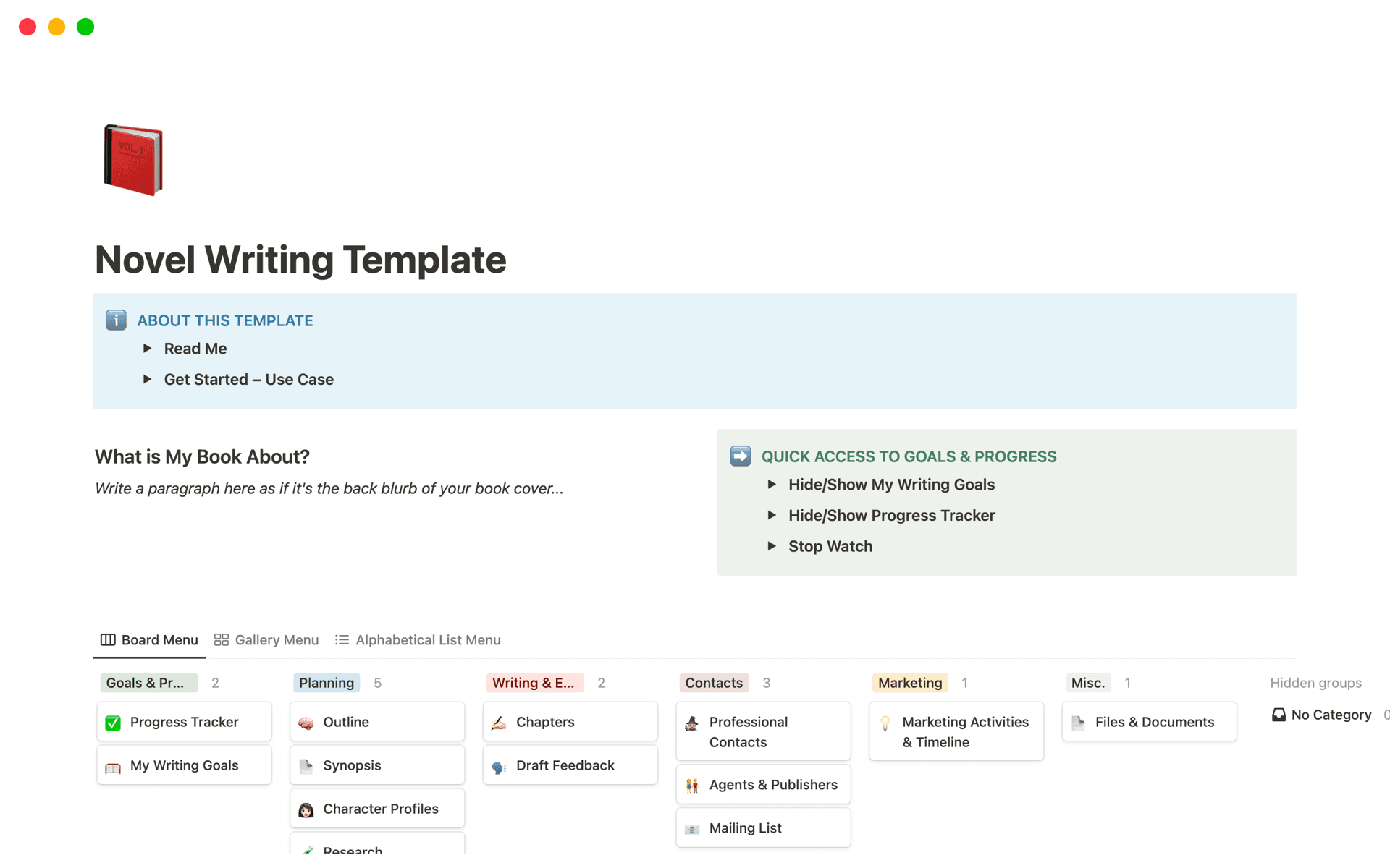 A template preview for Advanced Novel Writing Template