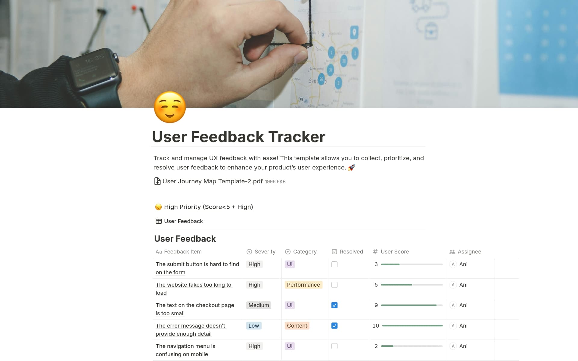 A template preview for User Feedback Tracker