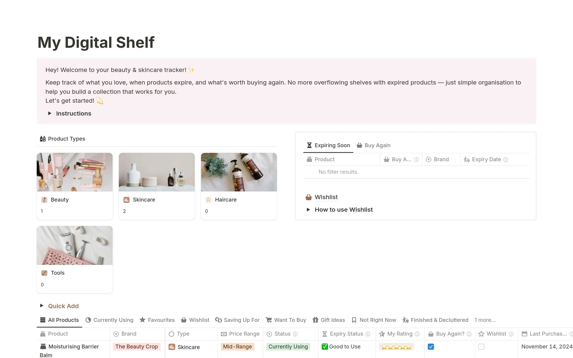 A template preview for Beauty & Skincare Collection Tracker