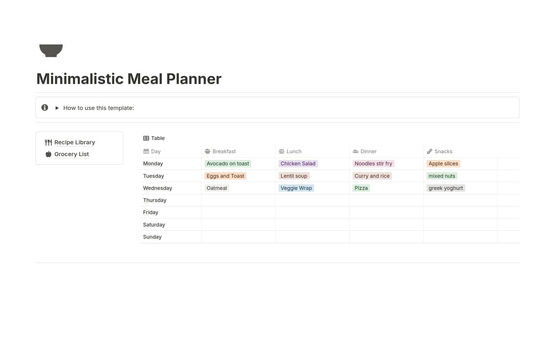 A template preview for Minimalistic Meal Planner