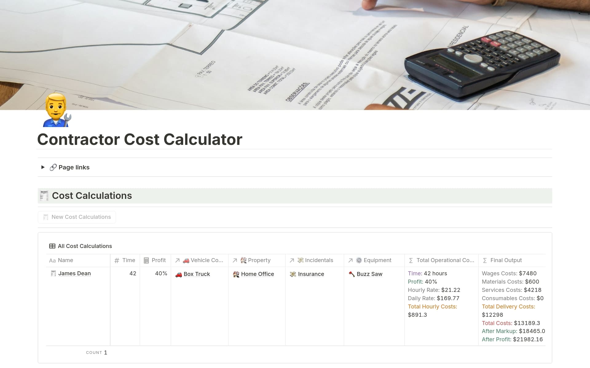 👨🔧 Contractor Cost Calculator Template by Bradley J. Hubbard | Notion ...
