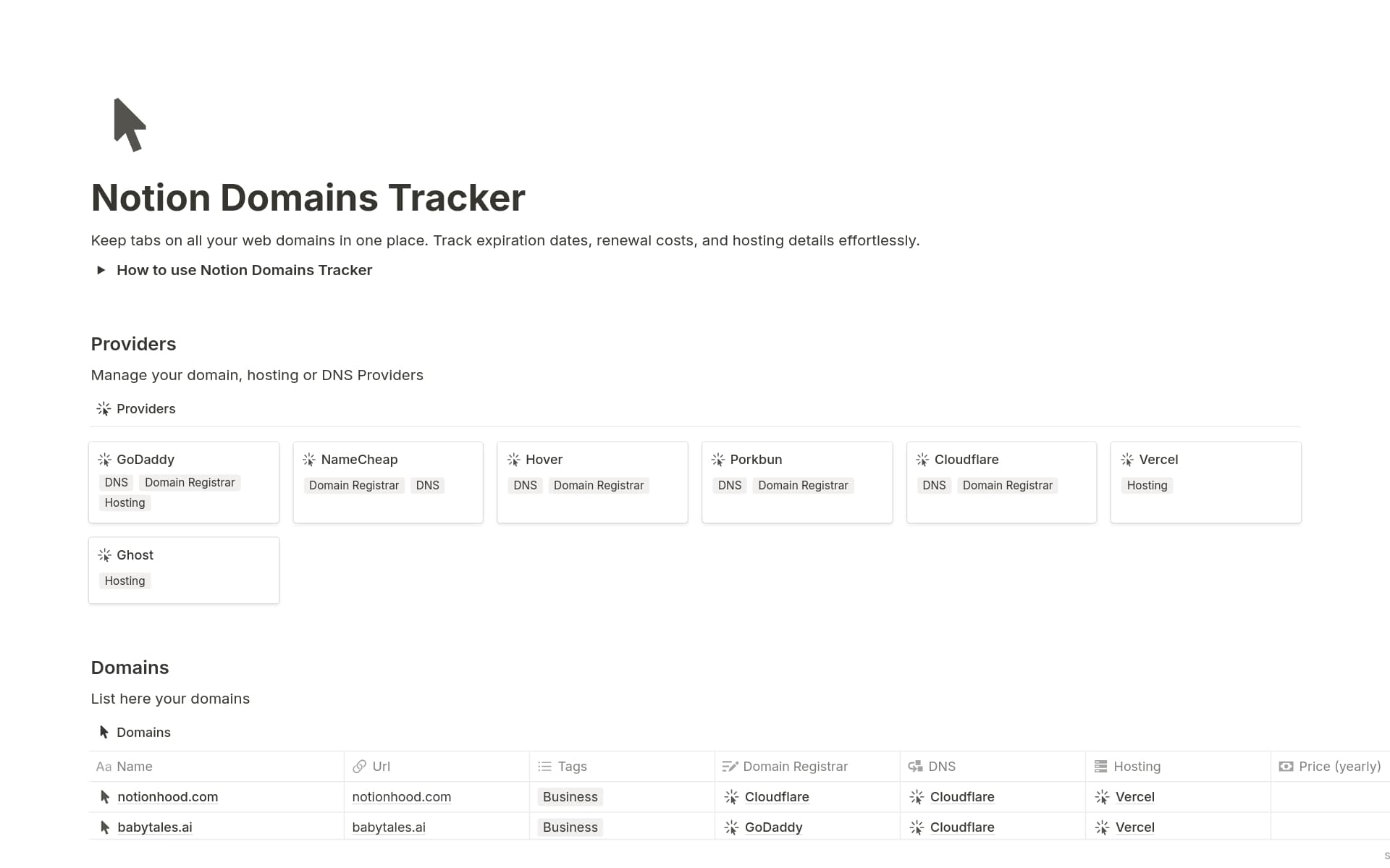 A template preview for Notion Domains Tracker