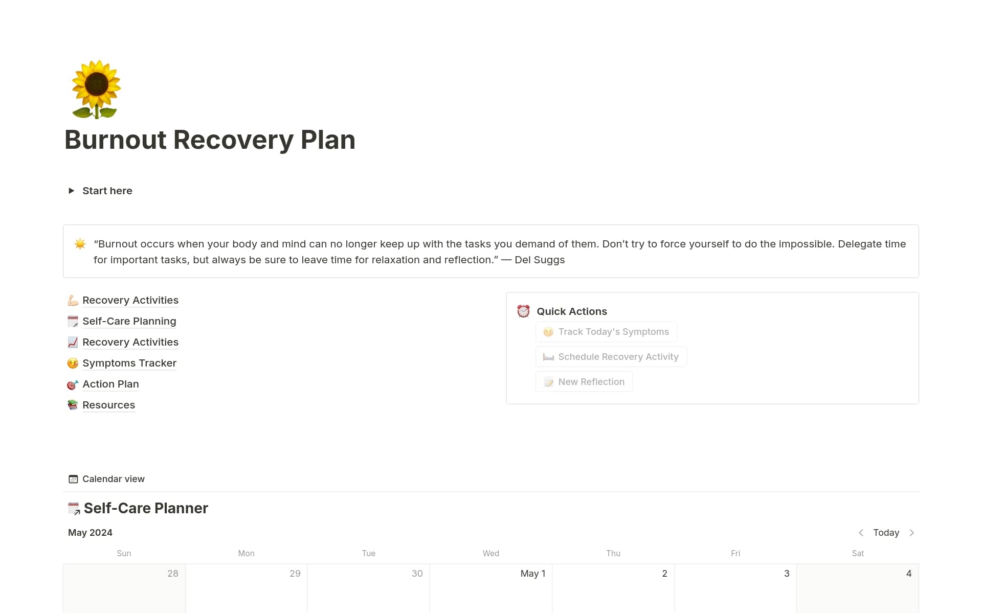 A template preview for Burnout Recovery Planner