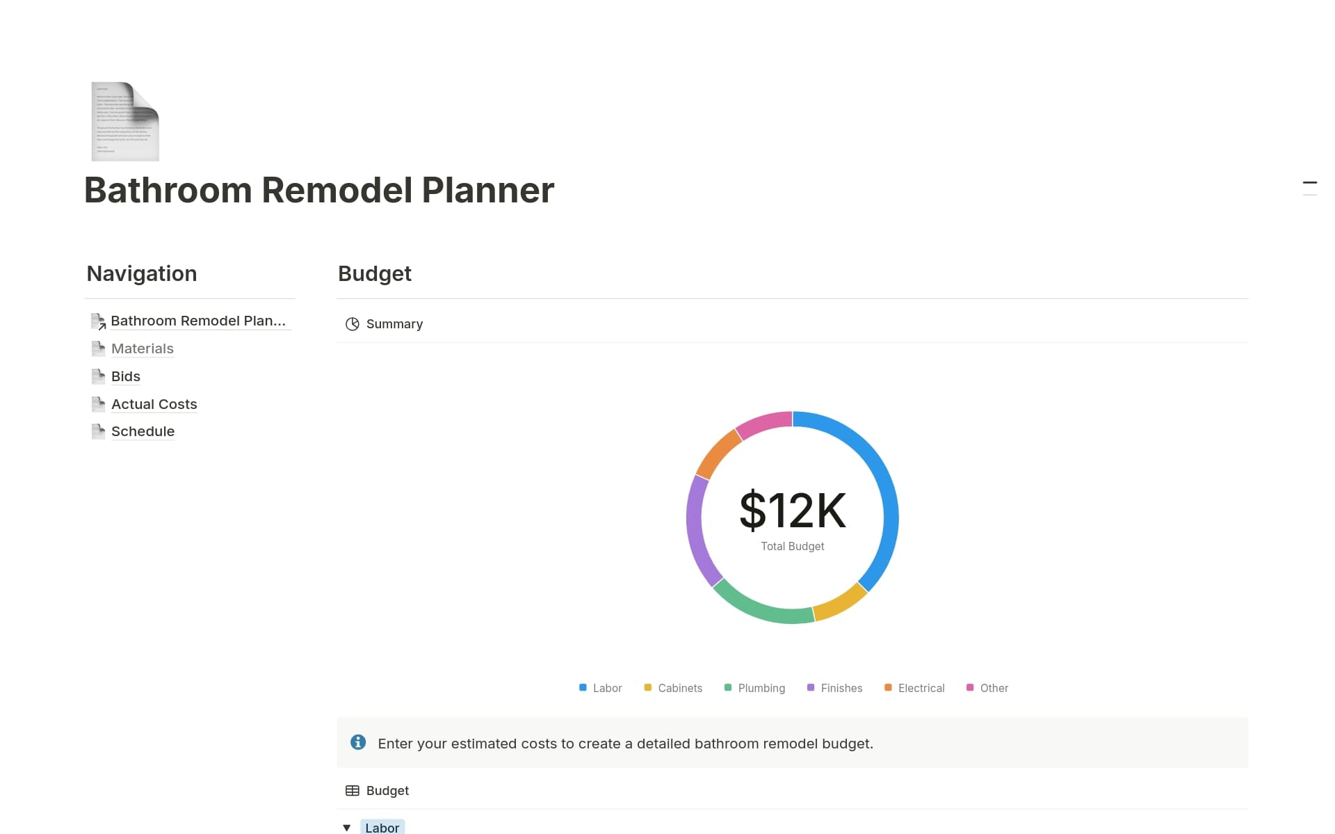 Manage your bathroom remodel using this Notion template designed to keep your project organized, on budget, and on schedule. The template provides a structured framework for budgeting, tracking material costs, comparing bids, and managing your renovation schedule.