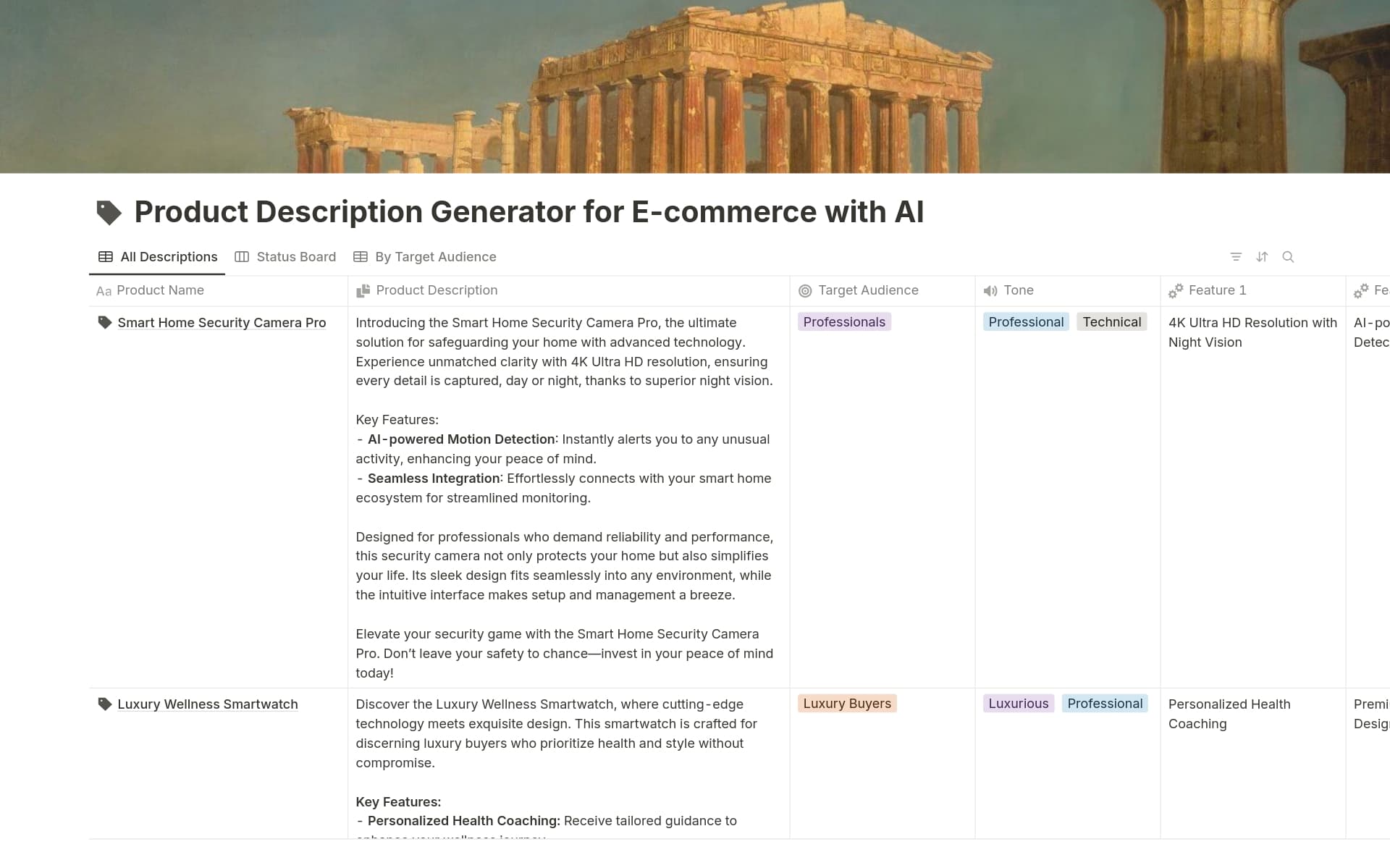 A template preview for Product Description Generator for E-commerce