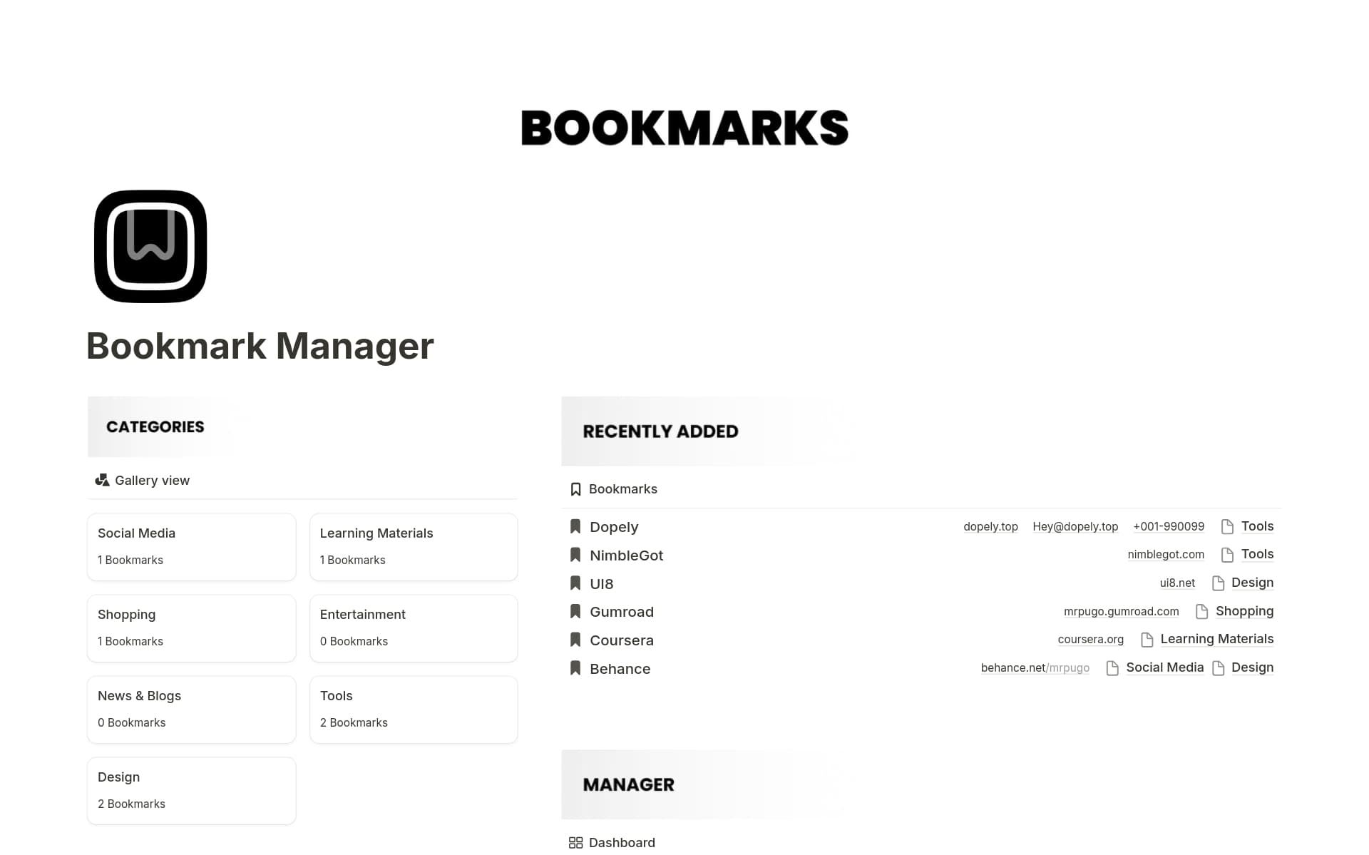 Bookmark Manager template preview