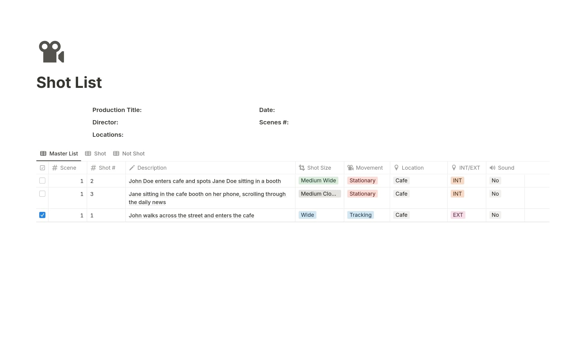 A template preview for Shot List