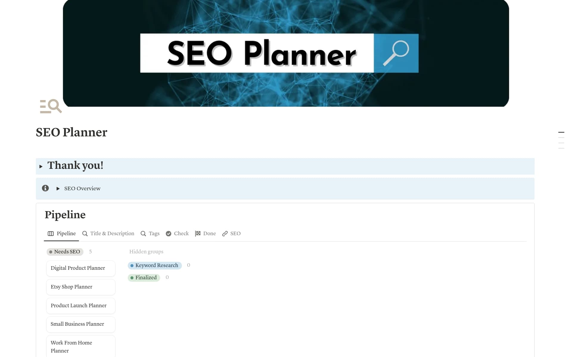 A template preview for SEO Planner for Etsy Sellers