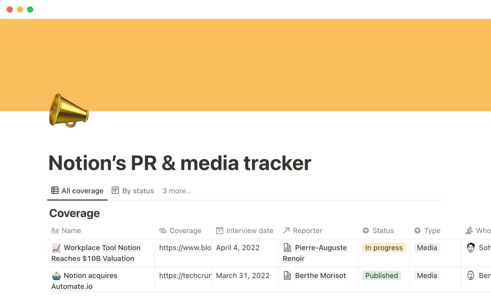 Aperçu du modèle de Notion's PR & media tracker