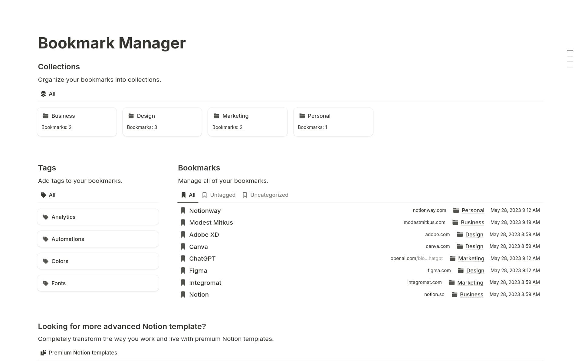 A template preview for Bookmark Manager