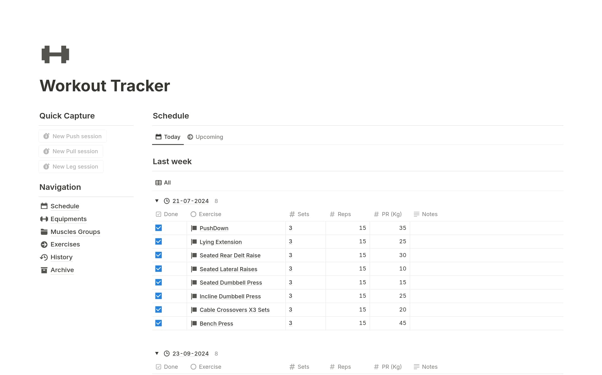 A template preview for Workout Tracker