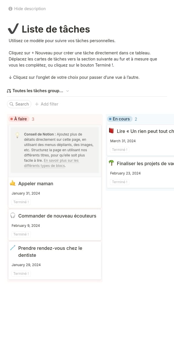 Une capture d’écran de l’application mobile de Notion