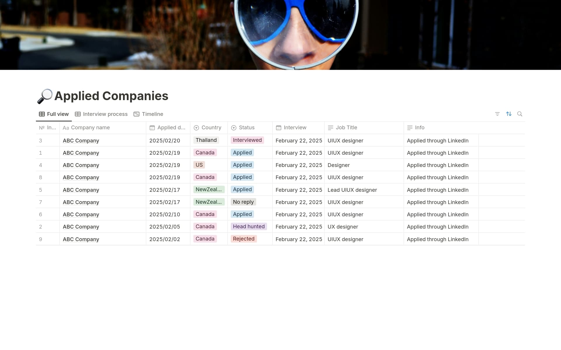 A template preview for Job Application Tracker