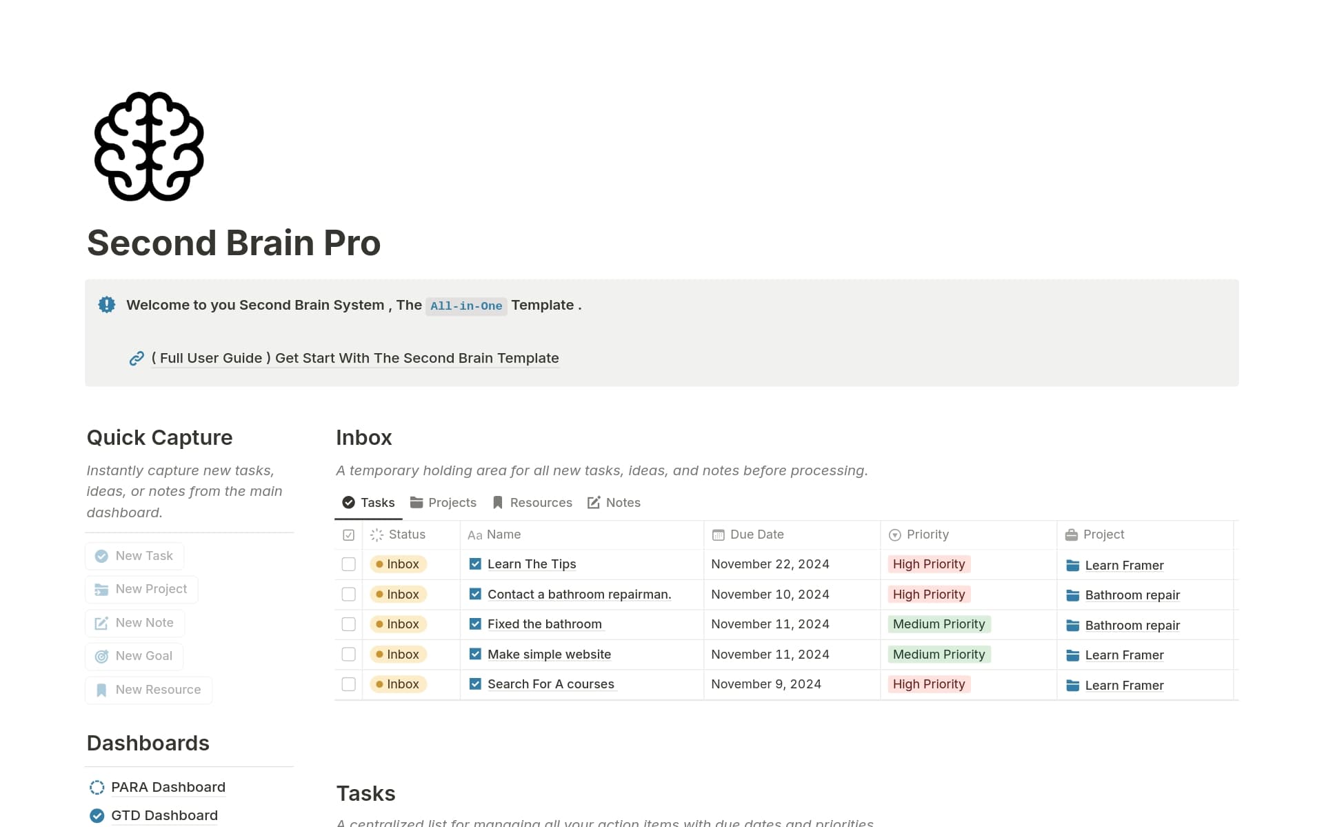 A template preview for Second Brain Pro