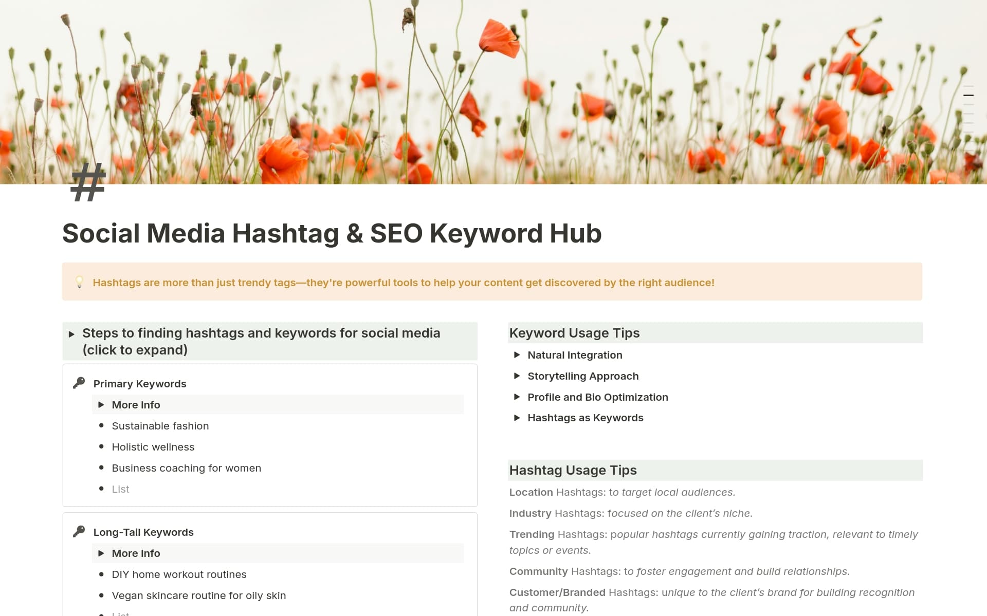 A template preview for Social Media Hashtag & SEO Keyword Hub