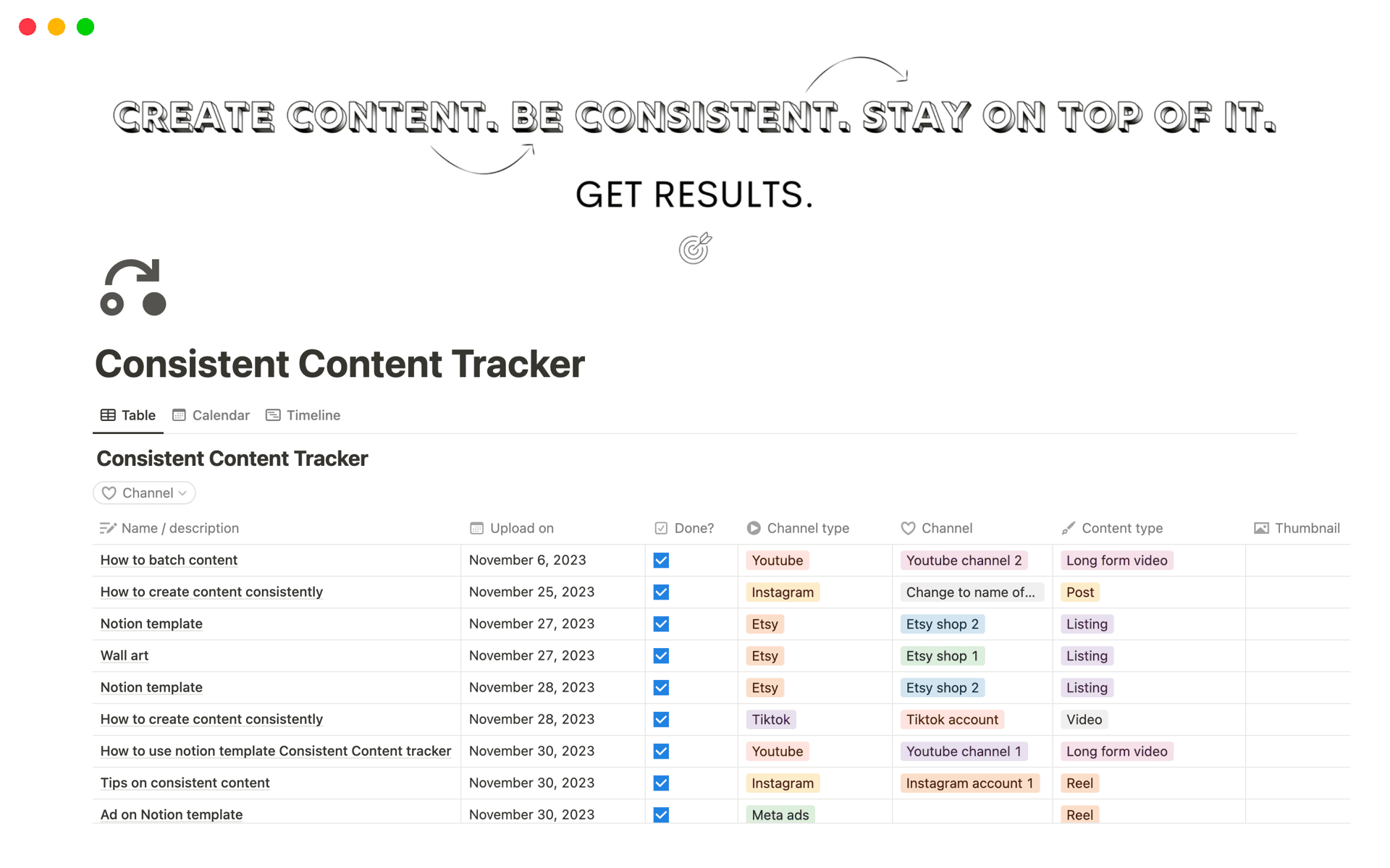 A template preview for Consistent Content Tracker