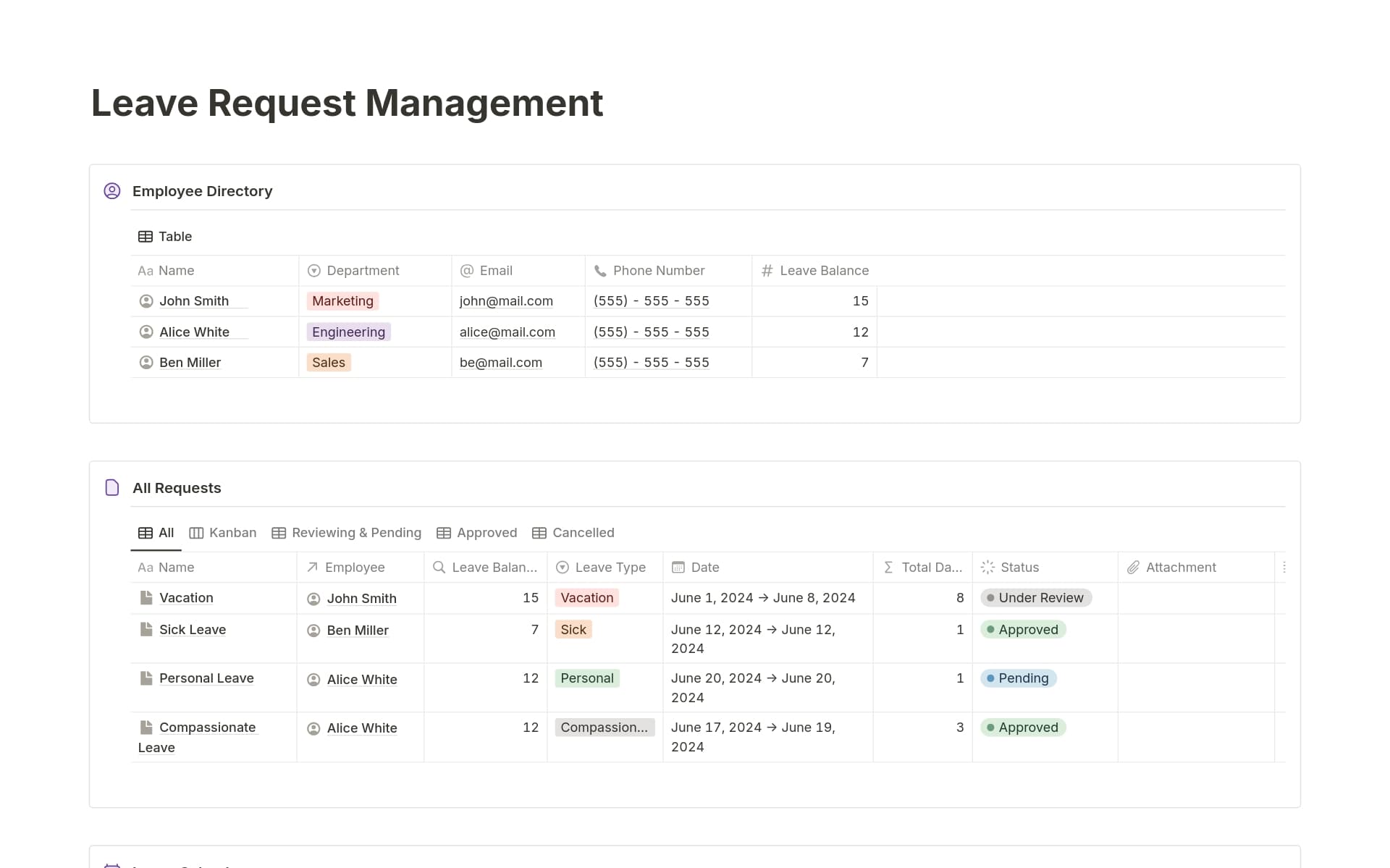 A template preview for Leave Request Management