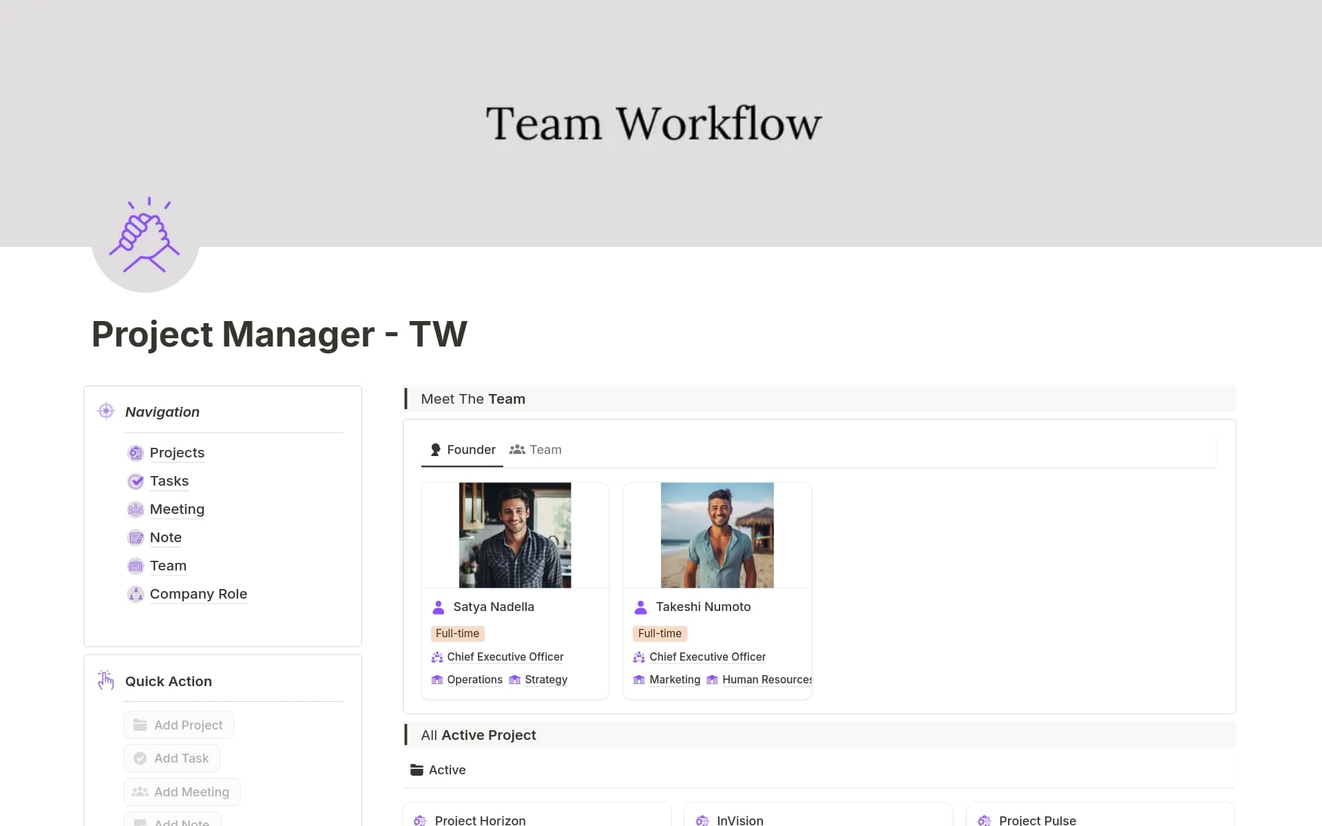 A template preview for Project Manager with Team Feature