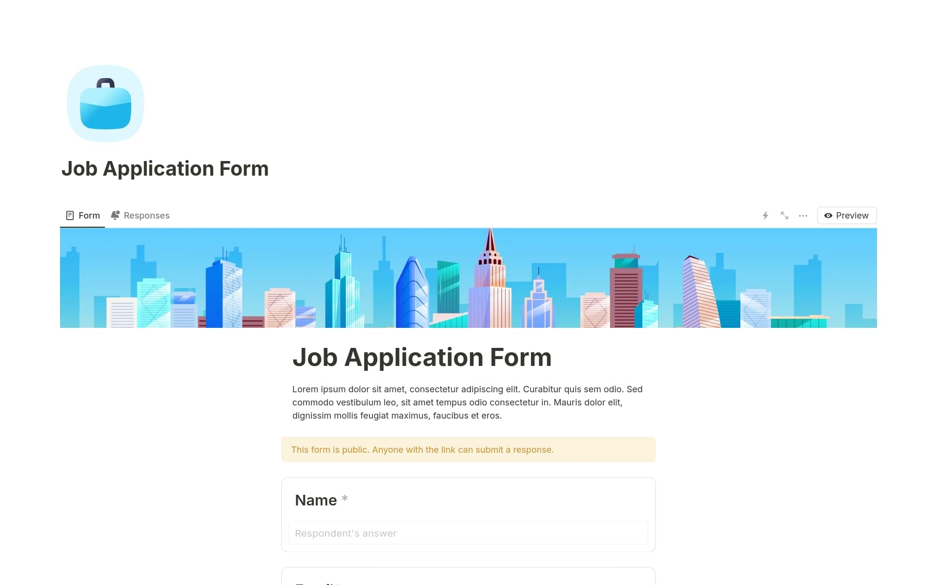 A template preview for Job Application Form
