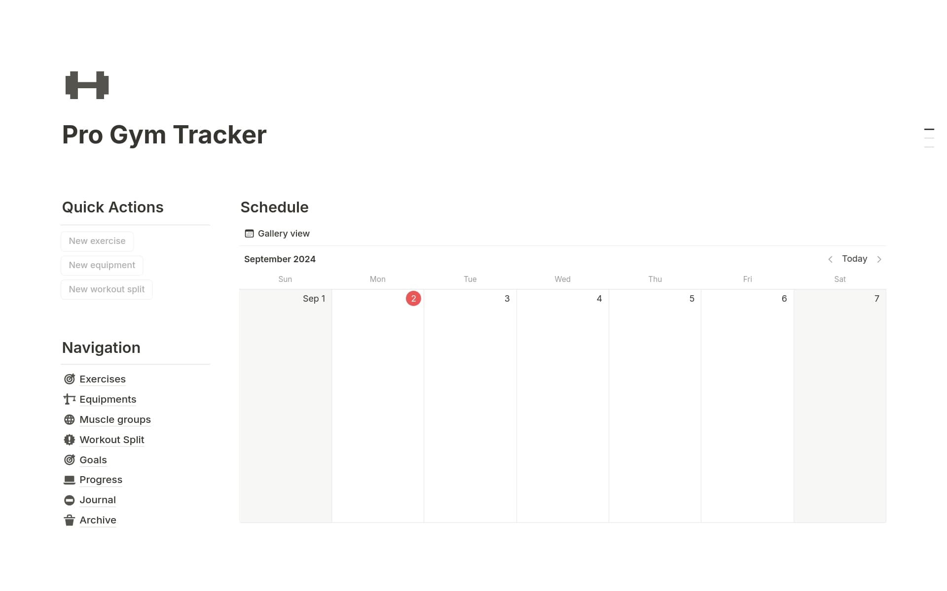 A template preview for Gym Tracker