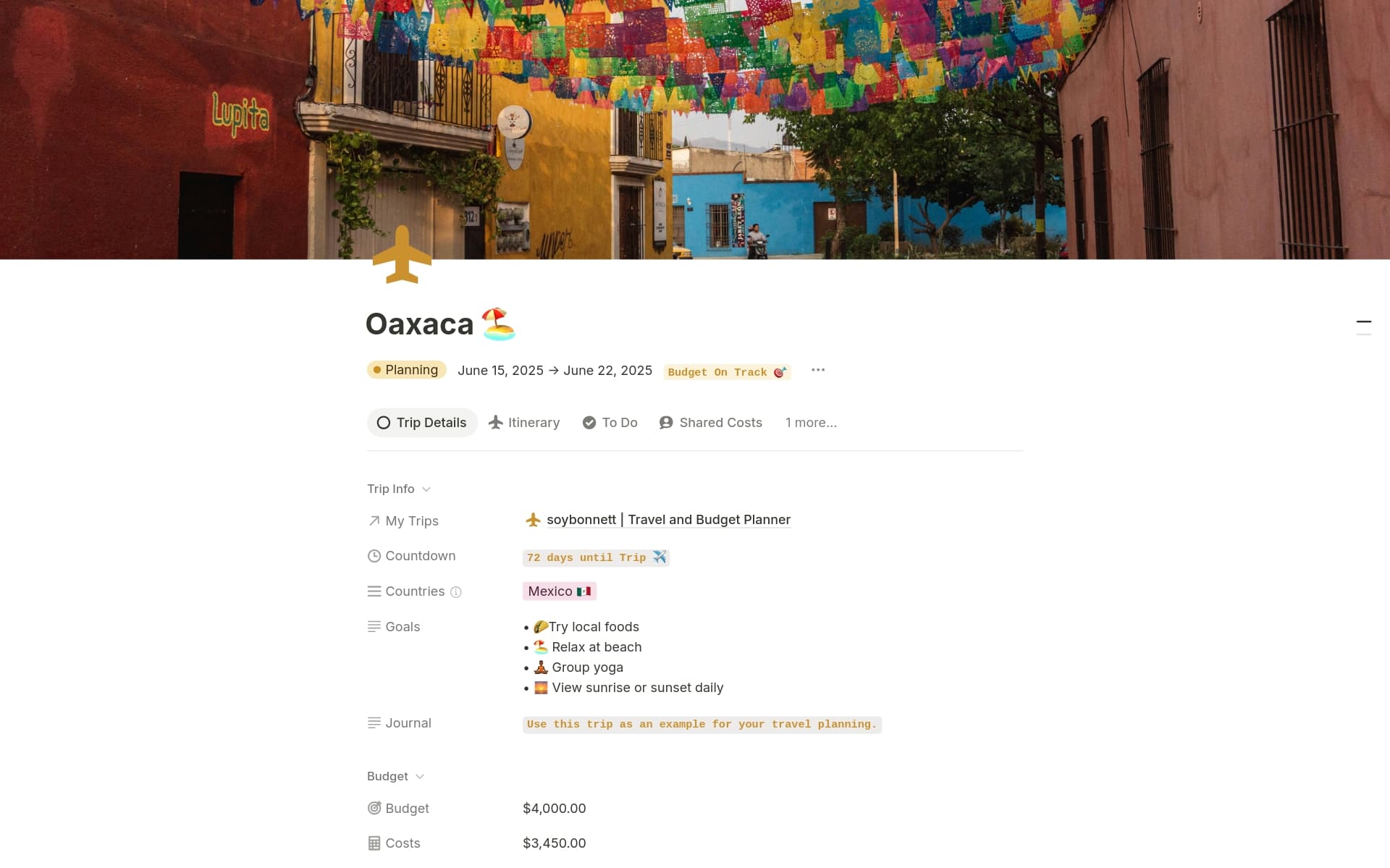 A template preview for soybonnett | Travel and Budget Planner