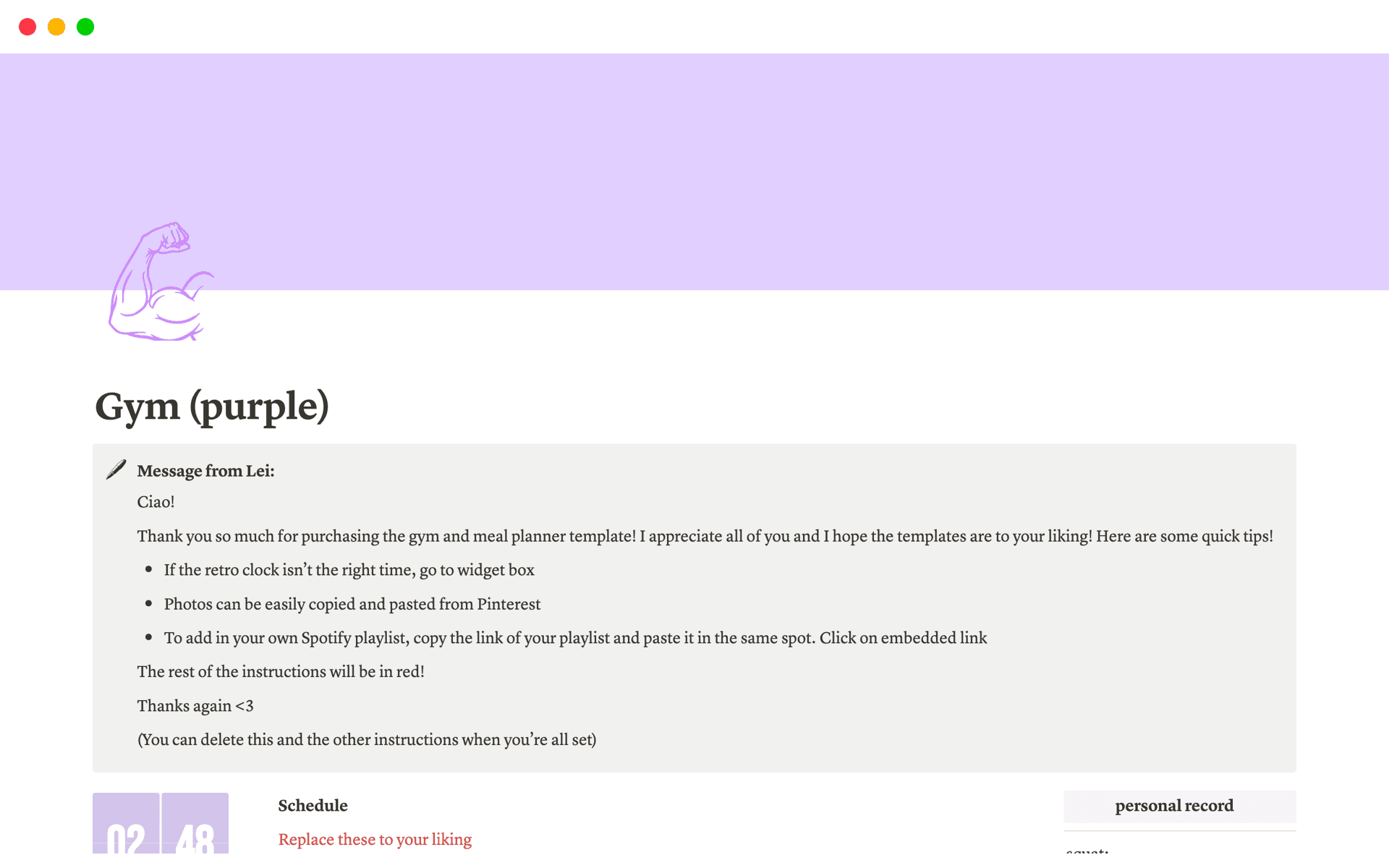 A template preview for Gym Planner