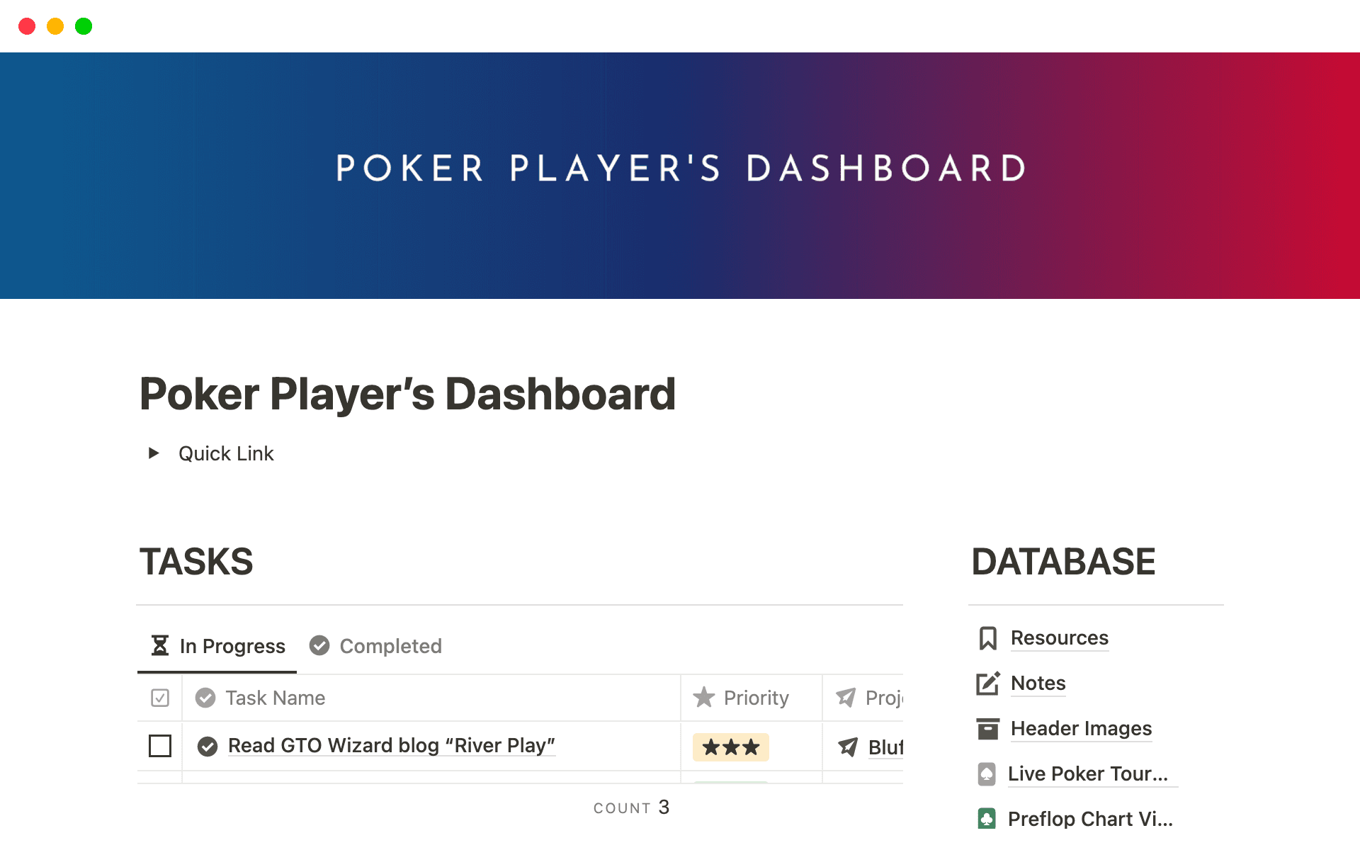 Gather all poker-related data, information, and knowledge, and track tasks and projects in one dashboard using Notion. This dashboard will streamline your poker study and accelerate your win rate.