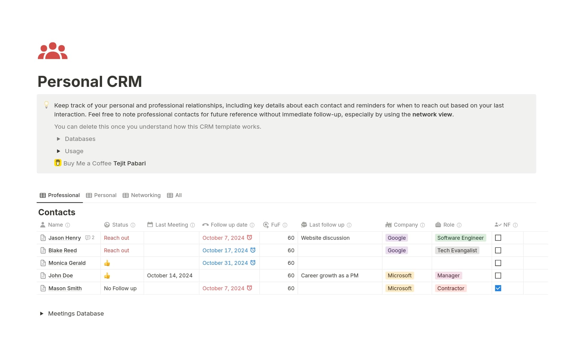 A template preview for Personal CRM