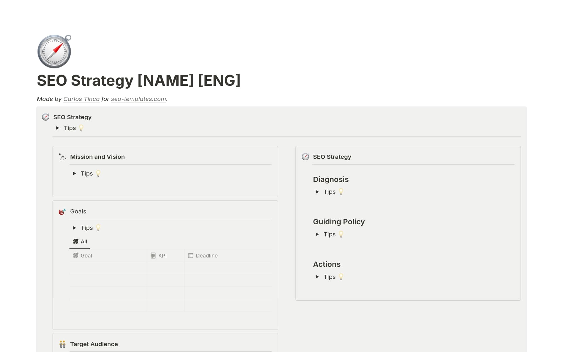 Build your website’s SEO strategy swiftly and orderly with this template. Organize the information, find tips on what to complete, and establish a strategy that is easy to understand and straightforward to implement.