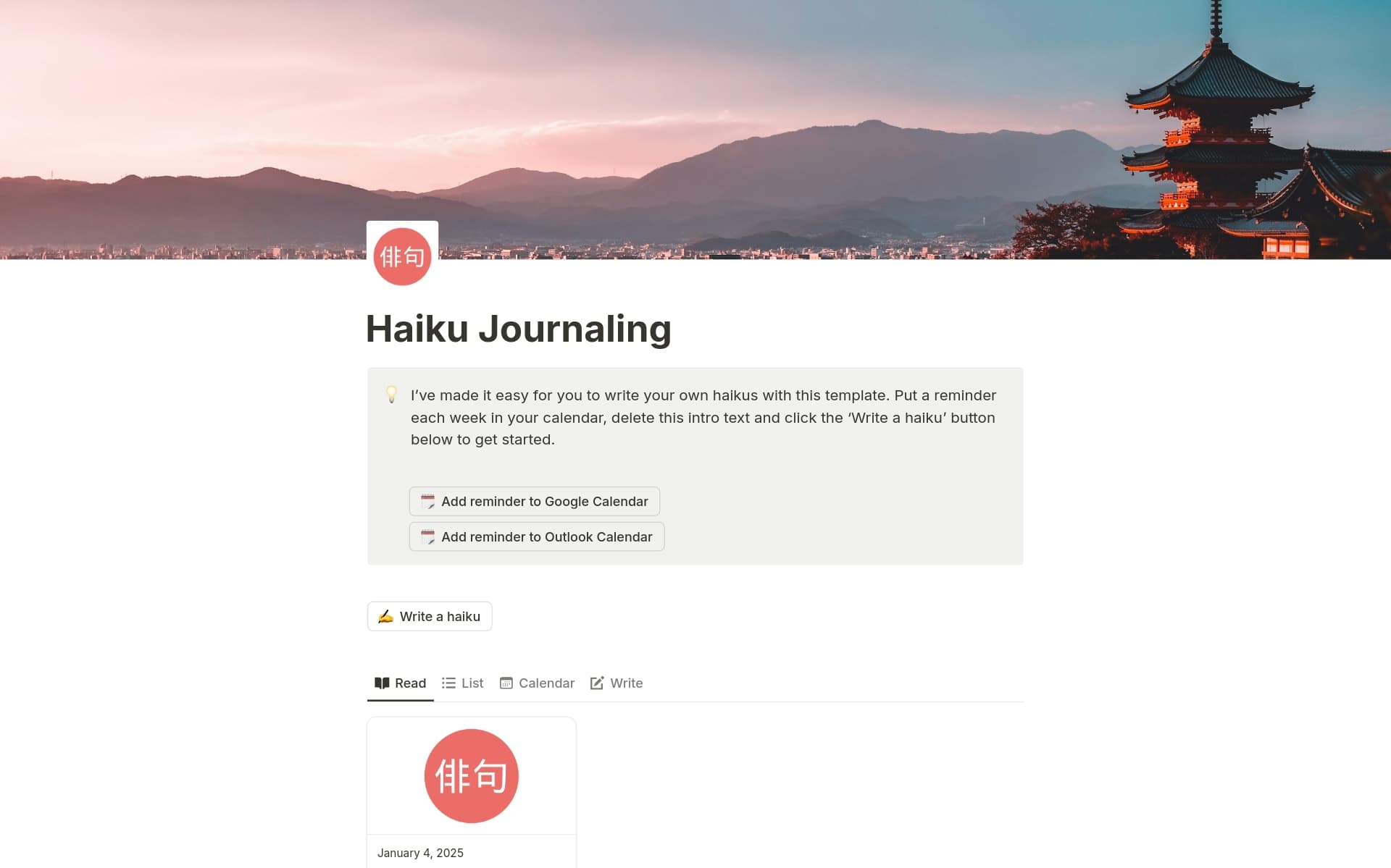 A template preview for Haiku Journaling