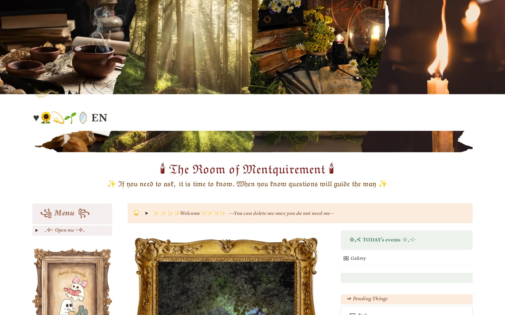 Welcome to the Room of Mentquirement!
A digital magic diary created as a Notion template and focused on helping you work on your mental health journey.