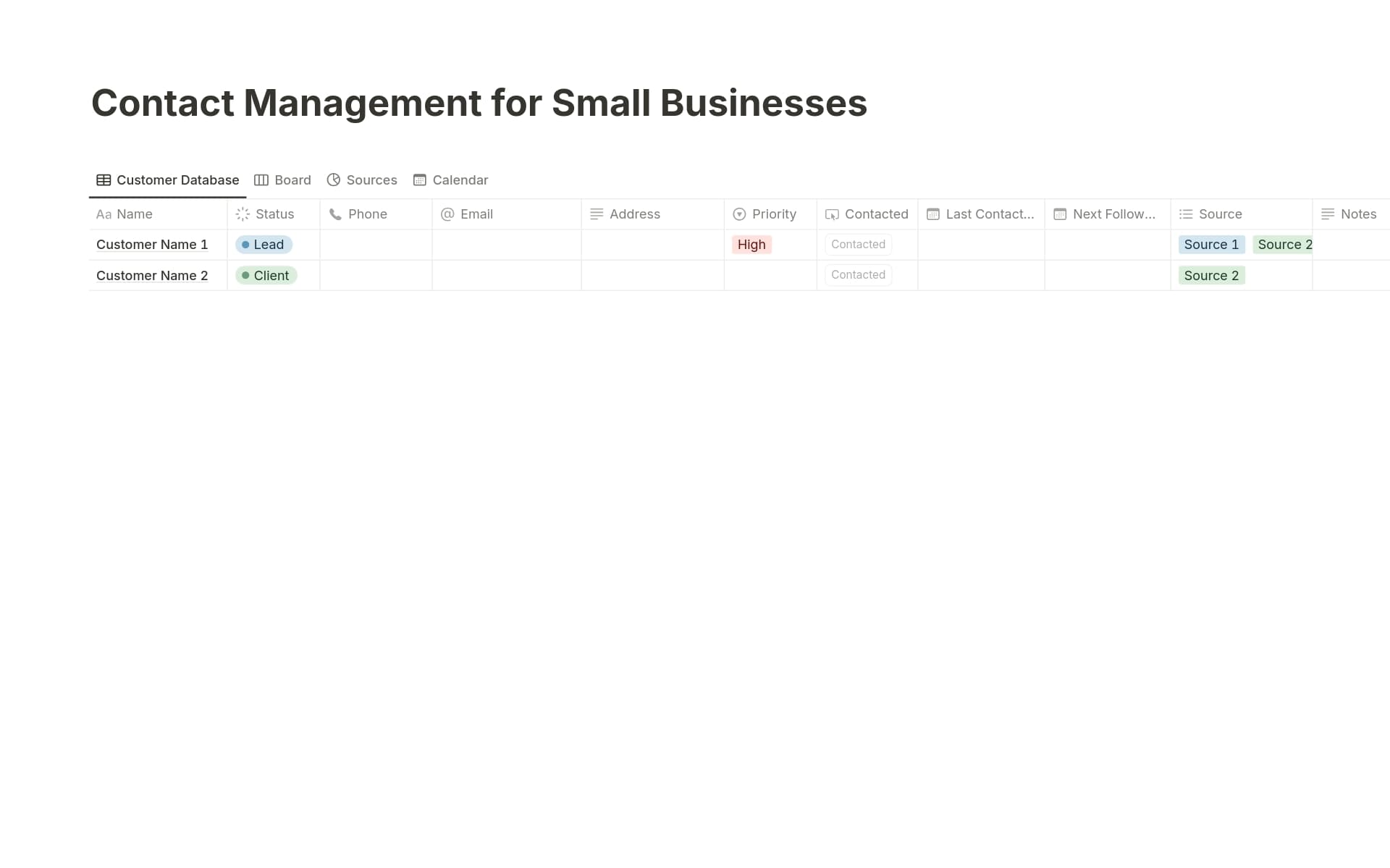 This CRM Notion template is designed for small businesses to efficiently manage customer relationships. Track leads, organize contacts, manage sales pipelines, and stay on top of follow-ups—all in one place. Tailored for simplicity and ease of use, it helps small business owners