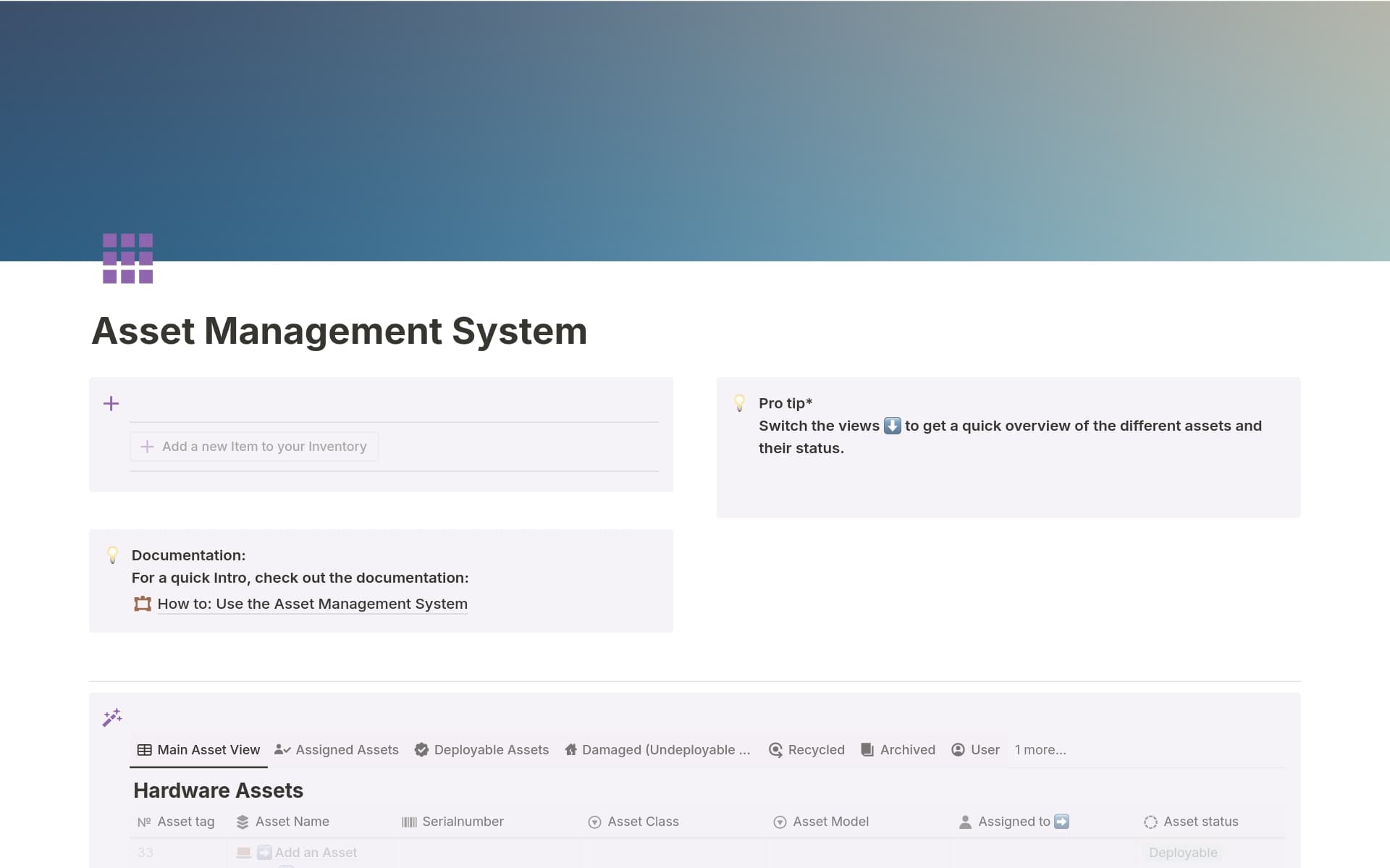 A template preview for Asset Management System Hard and Software articles
