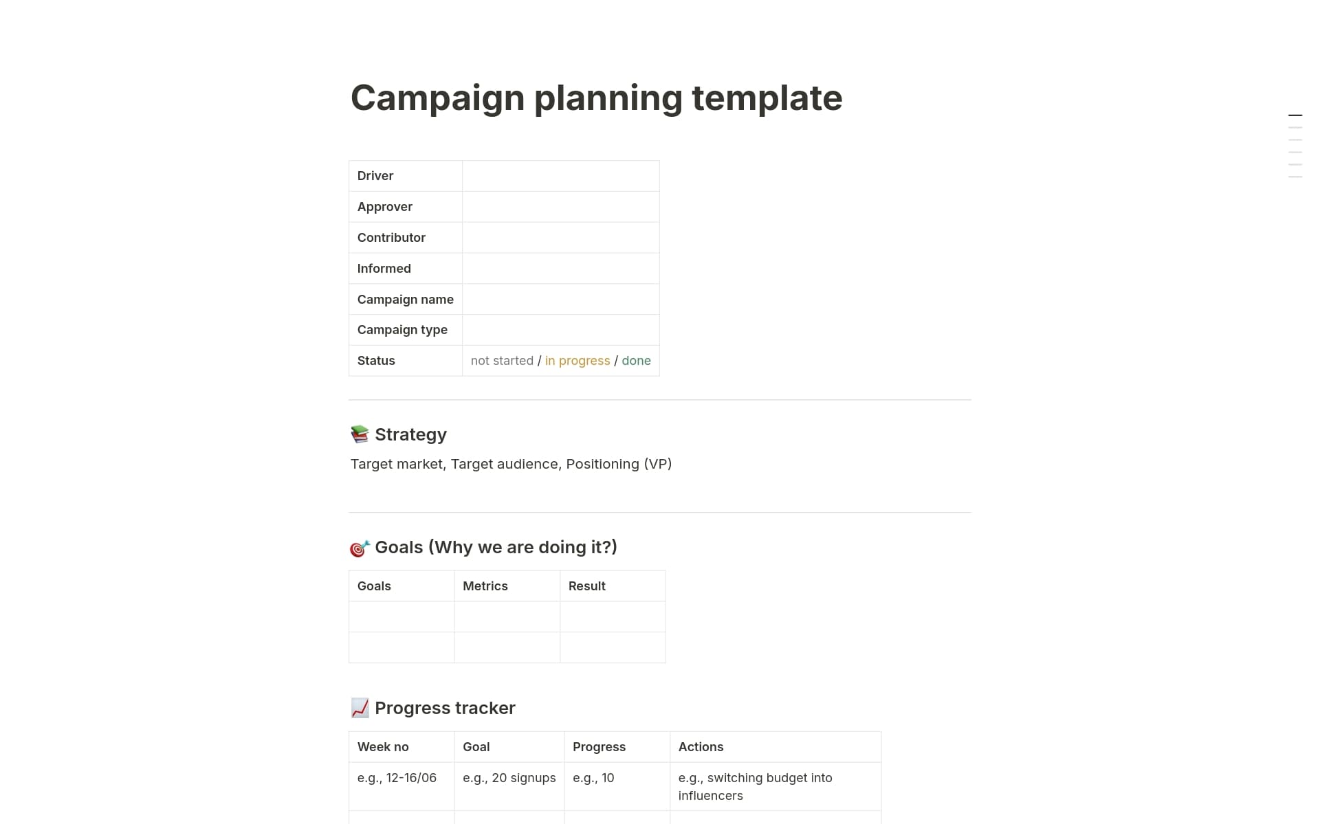 The Campaign Planning Template is an all-in-one tool for organizing and executing marketing campaigns. It includes sections for strategy, goals, budgeting, tracking progress, and detailed planning, making it easy to manage complex projects efficiently.