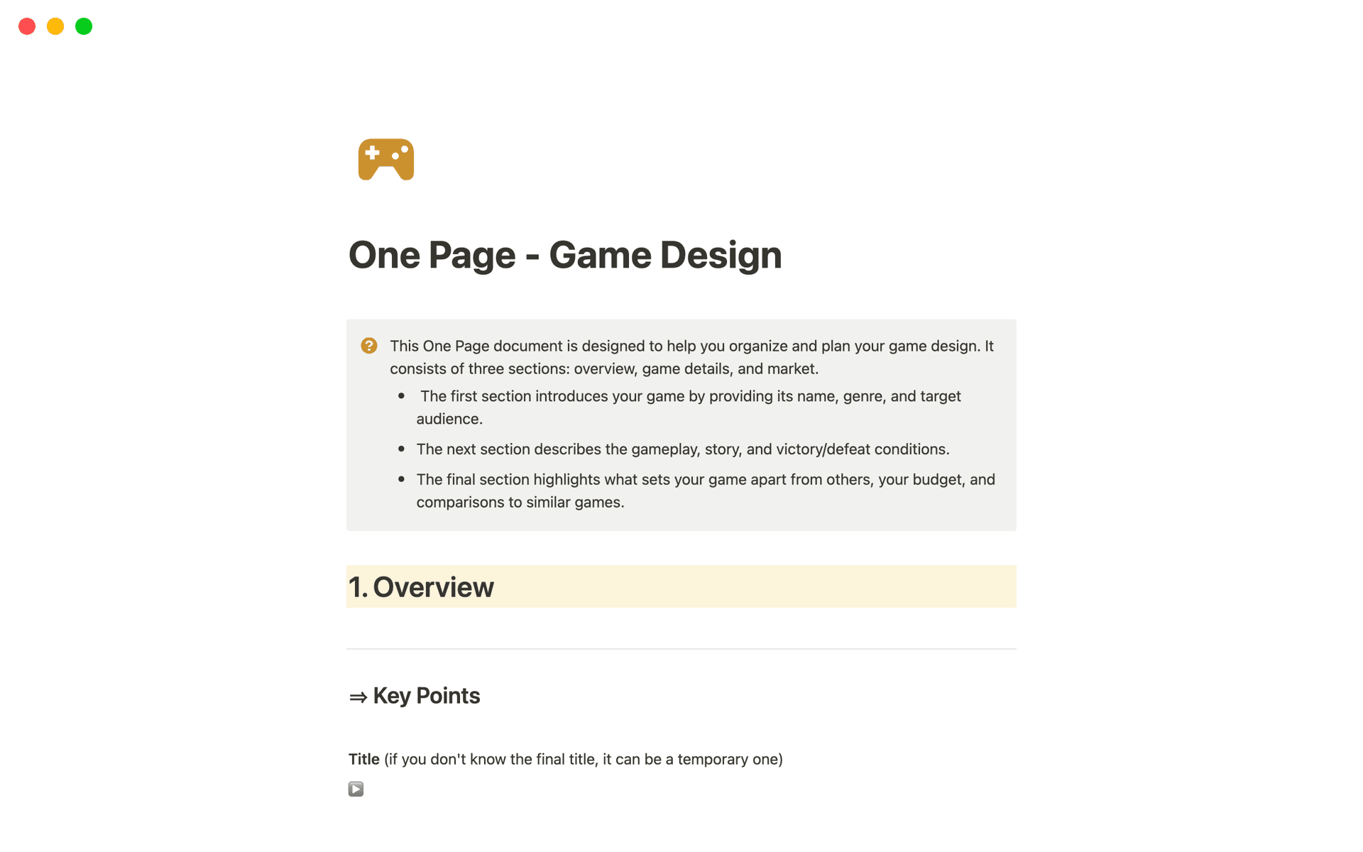A template preview for One Page - Game Design