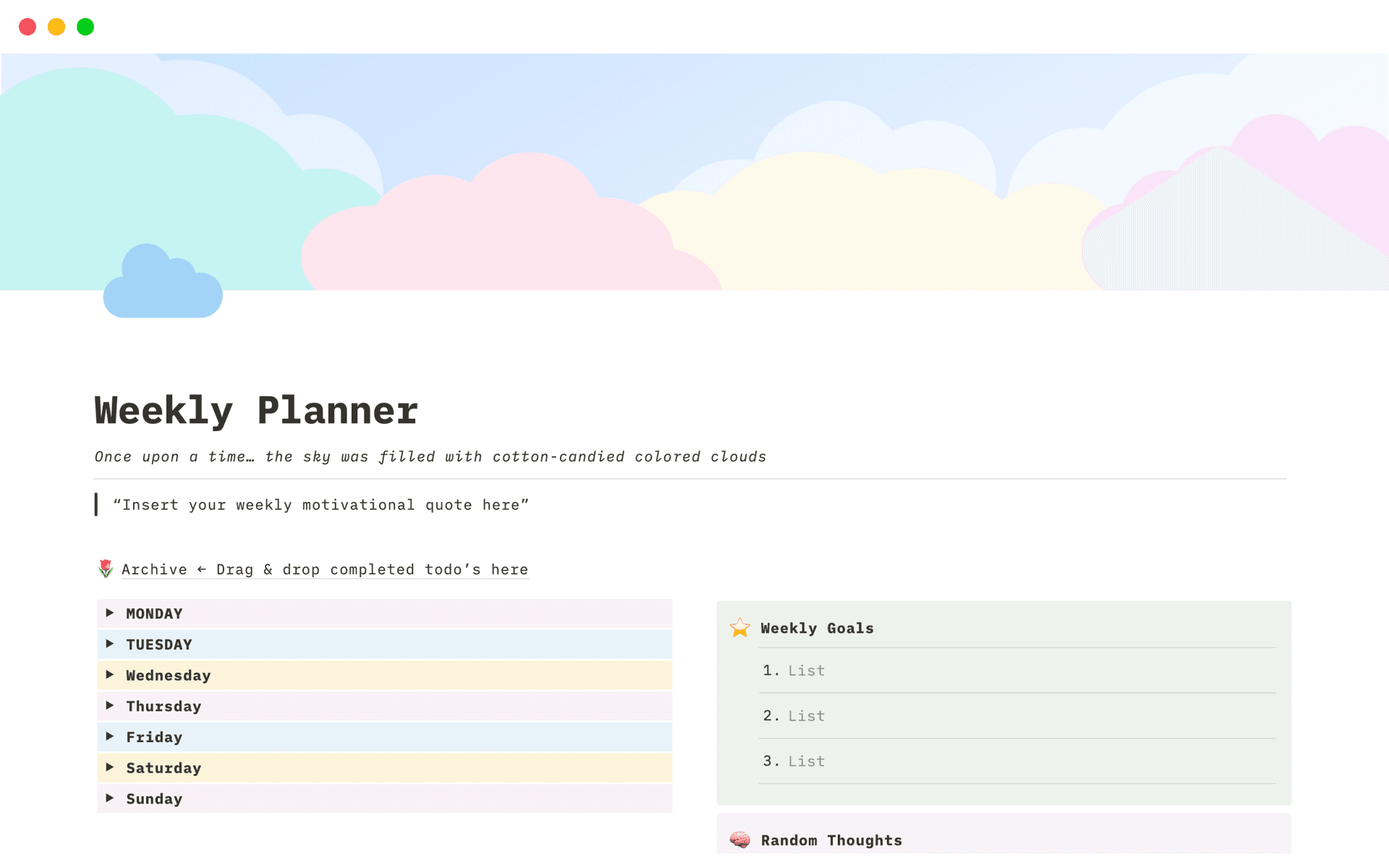 A template preview for Cotton Candy Clouds Weekly Planner