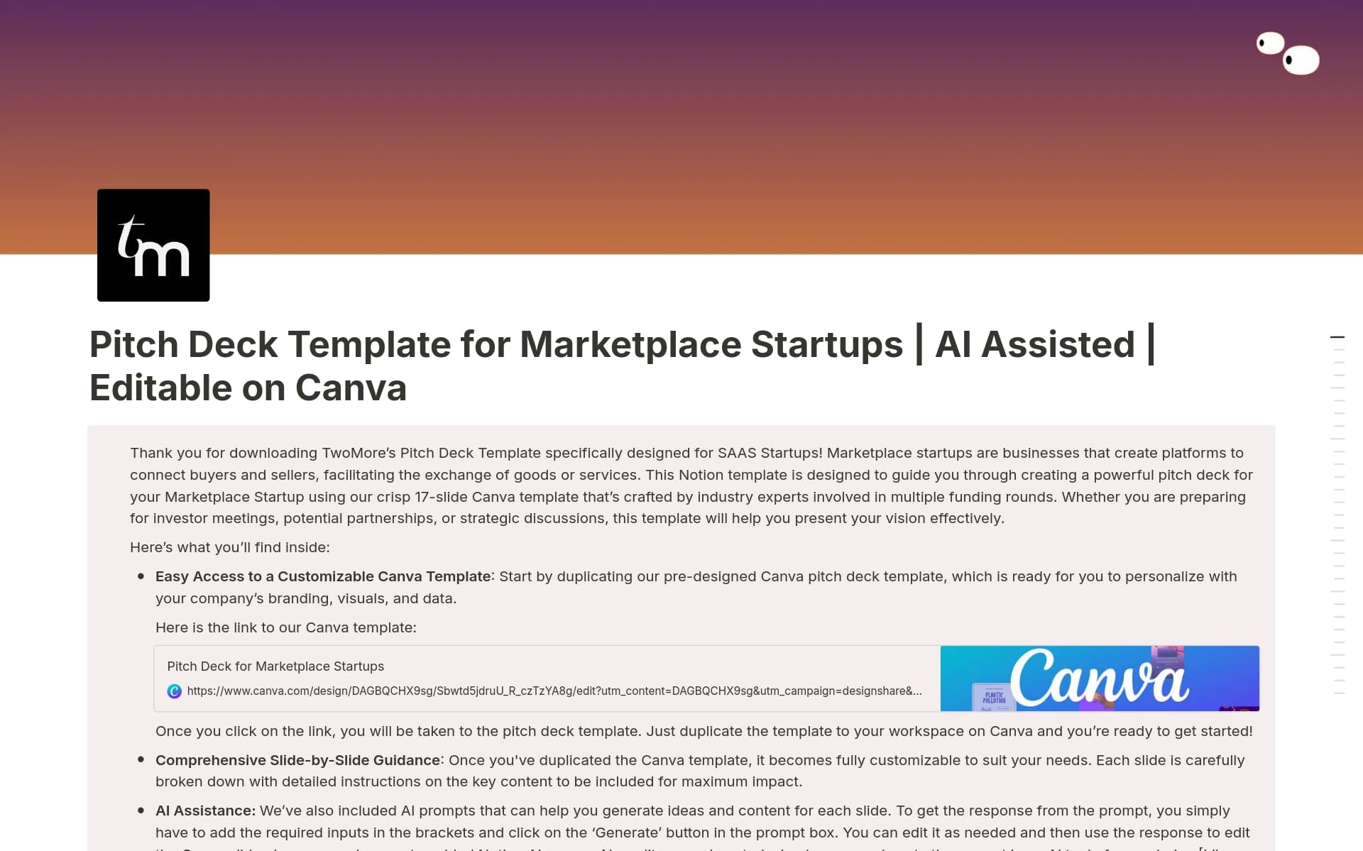 Create compelling pitch decks for marketplace startups with our 17-slide template, designed by funding experts. Featuring AI assistance, tailored slide guidance, and brainstorming tools, this template helps you present your vision and secure investor funding with ease. Start Now!