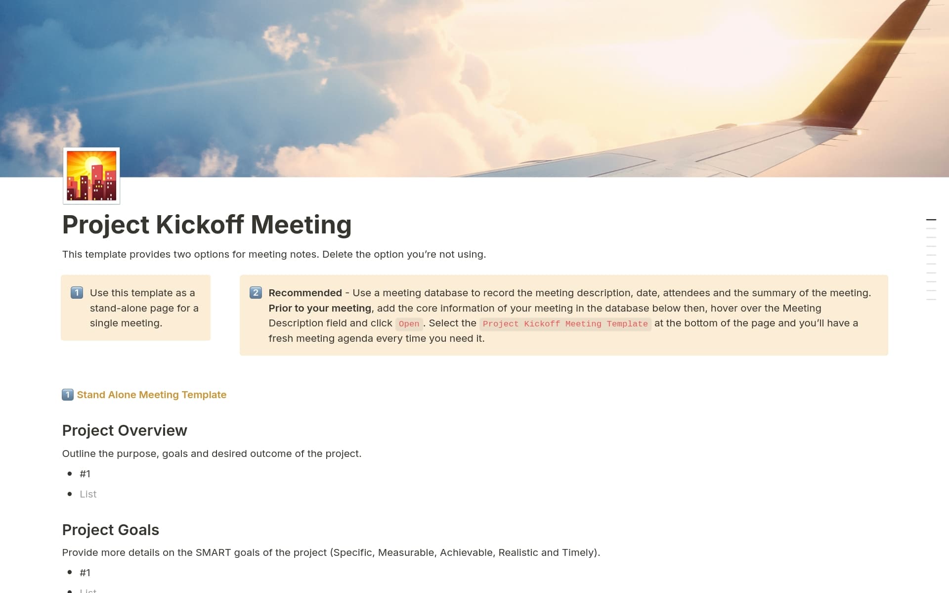 The Project Kickoff Meeting Template helps set your project up for success in Notion. Plan agendas, outline roles, establish communication plans, and define milestones, ensuring all stakeholders are aligned and ready to begin. Perfect for managing project team collaboration.