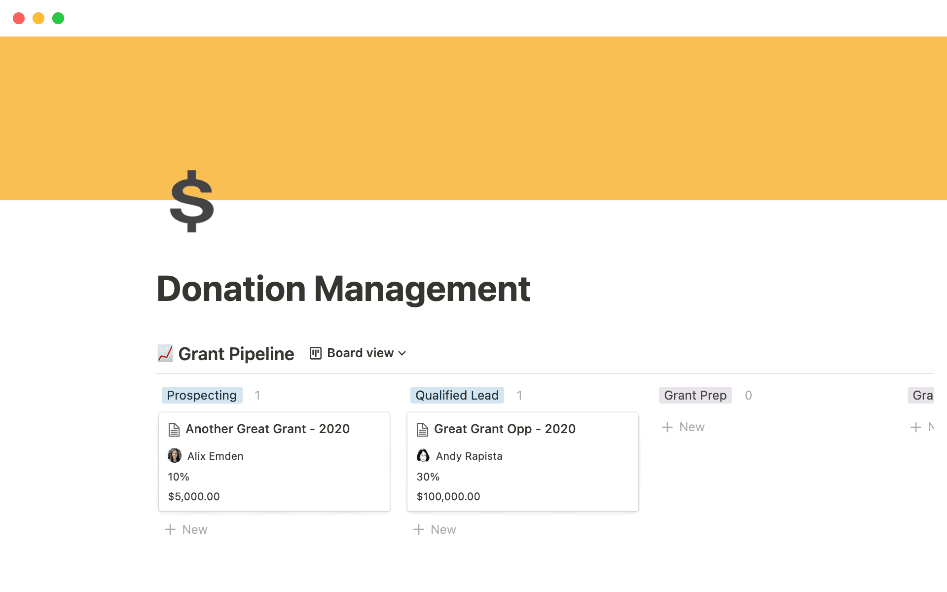 A template preview for Donation management