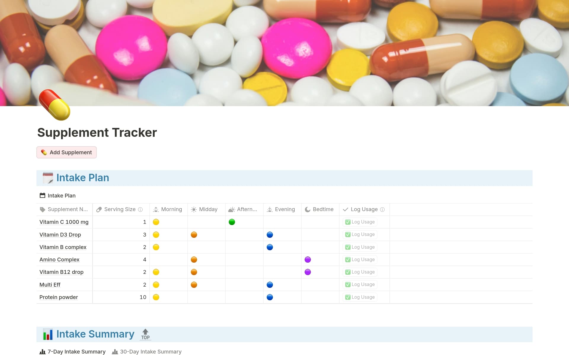 A template preview for Supplement / Vitamin / Pill Tracker