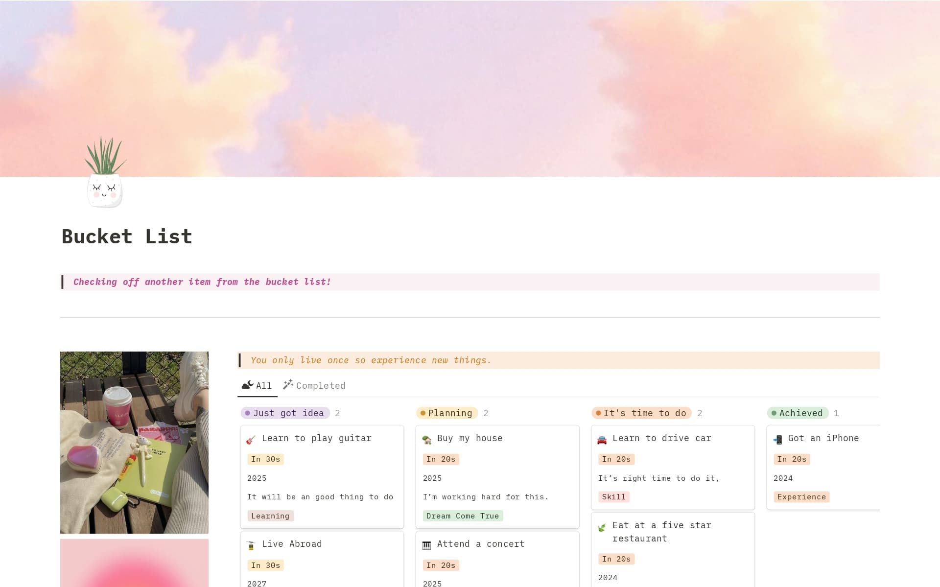 A template preview for Bucket List