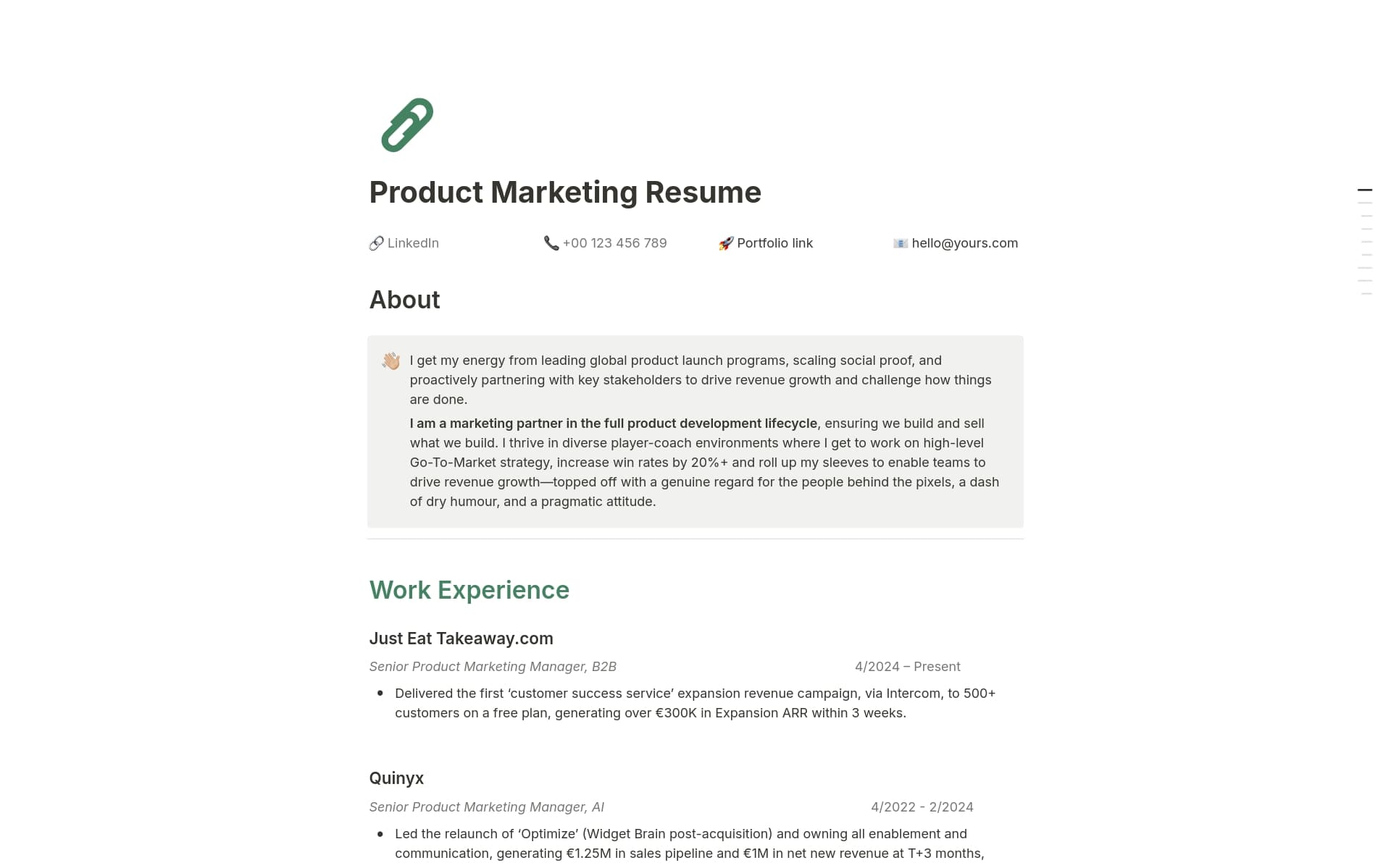 Create a professional Product Marketing resume in Notion.