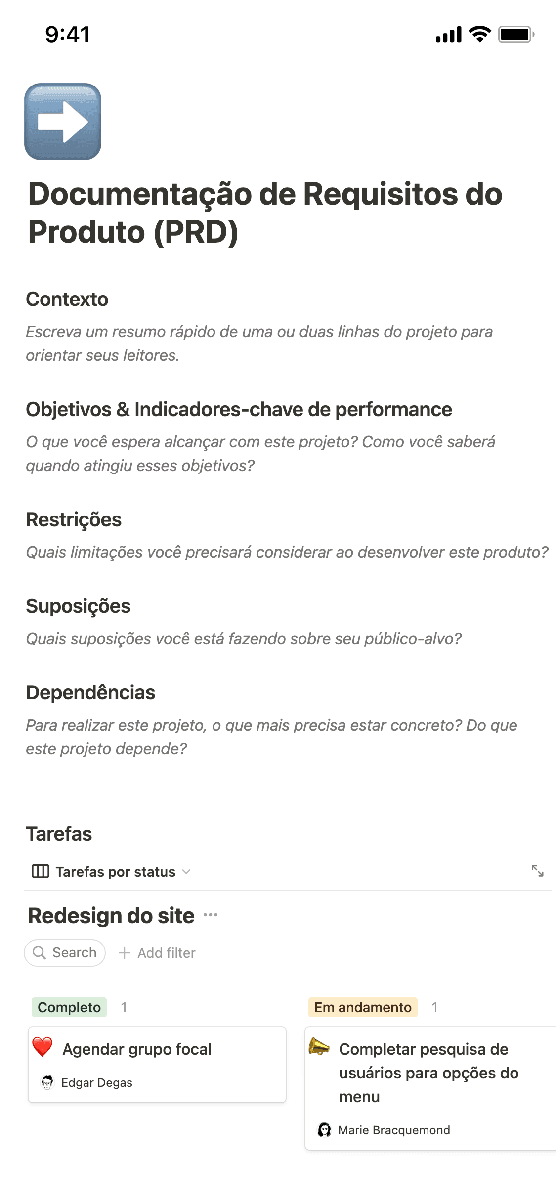 Captura de tela do aplicativo móvel do Notion
